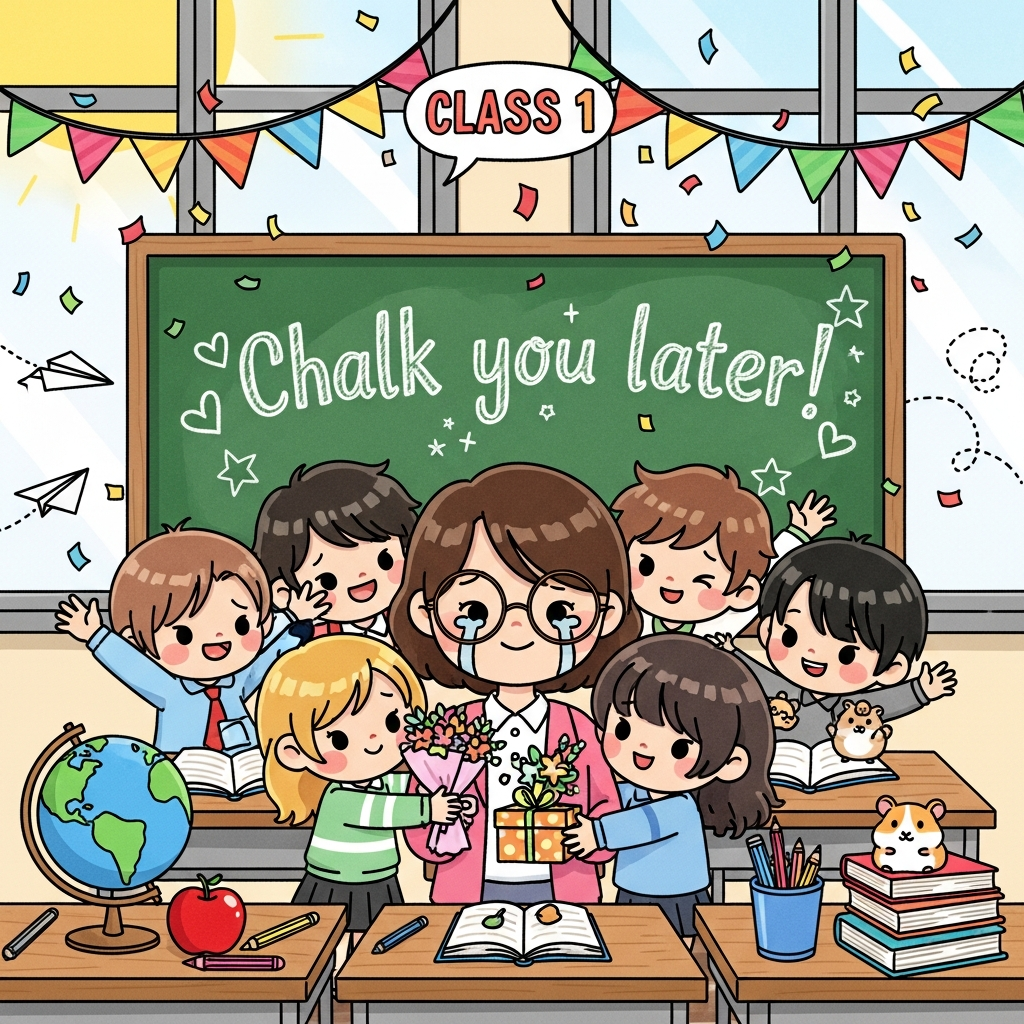 At the top of the Cartoon Style image, Class 1 ❤️
A cute farewell classroom scene: a warm teacher at center with big round glasses and a gentle teary sparkle, surrounded by diverse chibi students (exaggerated proportions: oversized heads, tiny bodies) waving, hugging, and handing over a bouquet and a handmade gift. Behind them, a big green chalkboard with a single cheeky line in chunky white chalk: "Chalk you later!", plus heart and star doodles, no other words. Sunlight streams through tall windows; colorful bunting, confetti, and swirling paper planes add motion; a globe, shiny red apple, crayons, and stacked books frame cozy desks; a tiny class pet hamster peeks from a pencil cup. Thick black outlines, bright saturated colors, whimsical, energetic poses, playful expressions, soft shading with subtle chalk-dust texture. Portrait orientation, large image filling the frame; render the top title in joyful rainbow bubble letters with a crisp white outline; cute, uplifting mood.
Generated with these themes: Classroom and teacher , and .
Made with ❤️ by AI.
