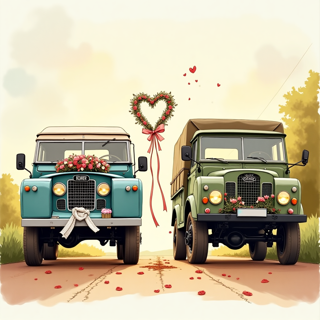 Hand-drawn illustration with fine linework and textured brush strokes, warm expressive palette. A charming countryside lane at golden hour. Left: a dusty blue Land Rover Series 107, lovingly detailed with rivets, panel seams, and knobby tires. Right: a classic Unimog in sage green, tall and boxy with round headlights and portal-axle stance. They’re nose-to-nose like newlyweds. Their front winch cables meet between the bumpers and tie into a big heart-shaped loop. Wildflower garlands drape both grilles; a white veil flutters from the Land Rover’s mirror, a little black bow tie hangs on the Unimog’s. Tin cans and ribbons trail behind each truck; confetti hearts and petals float in warm light. Subtle paper-grain texture, pen hatching for shadows, soft watercolor sky. Balanced, image-dominant composition with a small, playful, hand-lettered caption on a curved ribbon above the heart-shaped winch: “Hitched & Winched”. Add tiny comedic touches like smiling headlight glints and a couple of muddy heart splashes near the tires. Color notes: dusty blue, sage, cream, blush, terracotta, and warm sunlit browns.
Generated with these themes: .
Made with ❤️ by AI.
