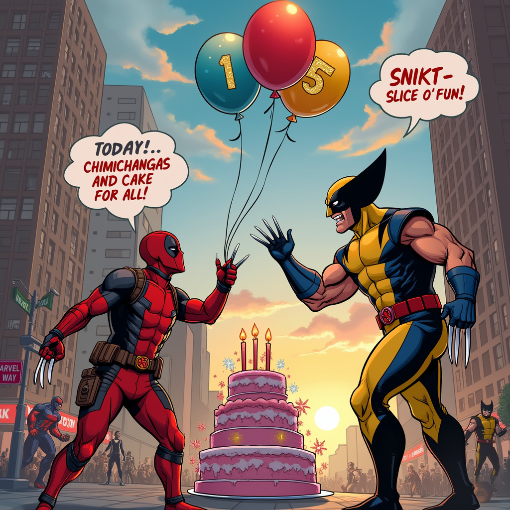 In the bustling heart of a vibrant comic-book-style city, Deadpool and Wolverine are caught in a friendly yet chaotic birthday battle for the ages, sprawled across the front of this dynamic birthday card. Deadpool, in his signature red and black suit, is perched atop a skyscraper ledge, juggling three multi-colored balloons that whimsically form the letters "1", "5", and a giant glittering "Daughter" as they hover playfully in the air. Meanwhile, Wolverine, in his classic yellow and blue costume, stands firmly on the pavement below, a grin on his face as he uses his adamantium claws to carve the words "Happy Birthday" into a massive three-tiered cake. This cake is extravagantly decorated with sparklers and icing patterns that replicate the X-Men logo. Overhead, the sky is a vibrant canvas of oranges and purples as the sun sets, with fluffy clouds arranging themselves to spell out "Today!" in soft, swirling letters. In the background, comic book speech bubbles float in the air, one from Deadpool exclaiming, "Chimichangas and Cake for All!" while Wolverine's bubble replies, "SNIKT - Slice o' Fun!" This bustling scene is filled with the hustle and bustle of partygoers dressed as various Marvel characters, scattered around, adding to the festive chaos. A small street sign nearby humorously reads "Marvel Way," adding an extra touch of comic realism to the scene.
Generated with these themes: Deadpool, and Wolverine.
Made with ❤️ by AI.