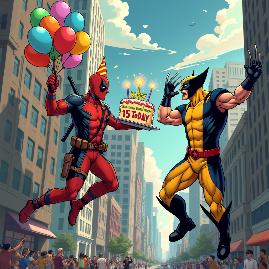 In a vibrant comic book cityscape, where towering skyscrapers brush the sky, Deadpool and Wolverine find themselves in a comically chaotic birthday escapade. Deadpool, donning a party hat askew on his masked head, clutches a bundle of colorful balloons in one hand and a hilariously oversized cake in the other. The cake is adorned with 15 sparklers blazing energetically, and its icing spells out "Happy Birthday Daughter - 15 Today" in bold, comic-style letters. Beside him, Wolverine, with claws retracted for safety, is awkwardly attempting to pin a "Happy Birthday" banner to the façade of a nearby building. The banner is flapping wildly in the breeze, adding to the humor of the scene. The building's windows reflect the duo's antics, amplifying the comic relief. In the background, a sky full of fluffy, playful clouds subtly form shapes reminiscent of both Deadpool's mask and Wolverine's iconic claw marks, further tying the scene to their superhero personas. A bustling street below is filled with onlookers, some snapping pictures, others donning makeshift superhero masks, adding a lively atmosphere to this birthday adventure.
Generated with these themes: Deadpool, and Wolverine.
Made with ❤️ by AI.