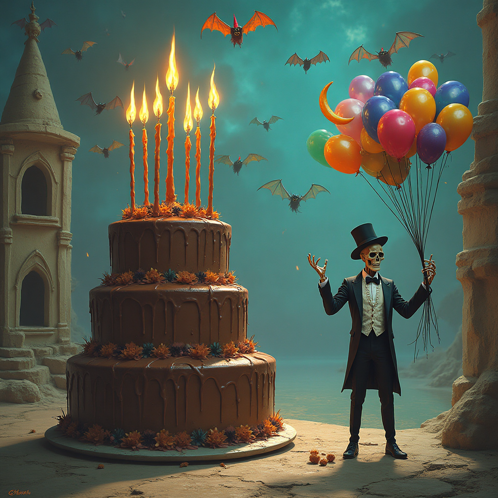 ### Image Prompt

In a dreamlike landscape reminiscent of Dali's surrealism, imagine a gothic birthday celebration where a gargantuan, melting chocolate cake stands as the centerpiece. The cake is adorned with bizarrely shaped, dripping candles that defy gravity, curling upwards into an iridescent sky filled with floating, whimsical bats wearing tiny party hats. Eccentric gothic architecture towers in the background, where windows and doors morph into curious eyes and smiling mouths. In the foreground, a skeleton in a tuxedo and top hat juggles colorful, surreal balloons, each shaped like miniature crescent moons. The lighting casts an ethereal glow, with shadows dancing in unexpected ways.

### Text Suggestion

"Bats know how to throw a party... you're batty if you miss it!"
Generated with these themes: Anything gothic, and .
Made with ❤️ by AI.
