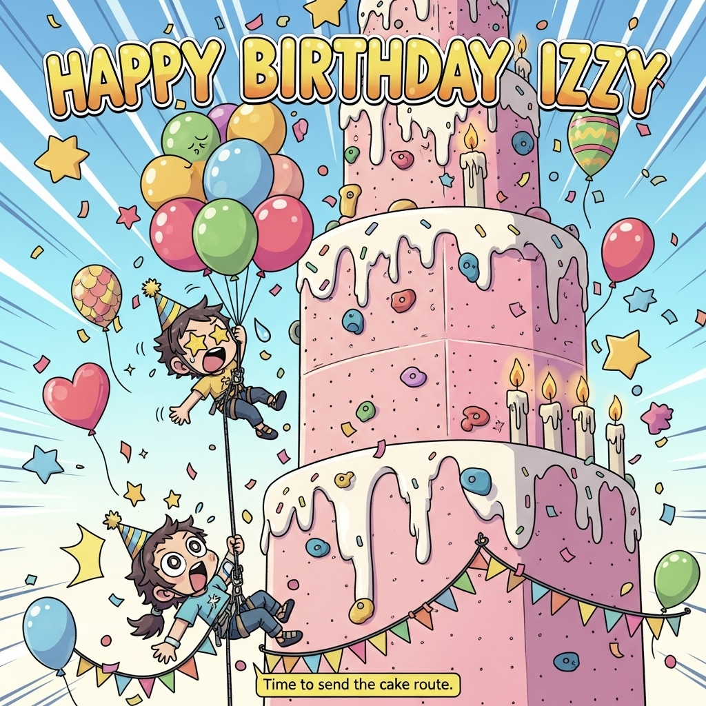 Climbing wall, balloons, anime, and Birthday Card