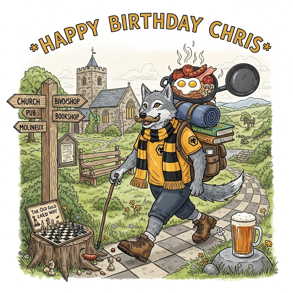 At the top of the Illustration Style image, hand-letter “Happy Birthday Chris” in bold old gold with a crisp black outline, gently arced.

Hand-drawn illustration with fine linework and textured brush strokes, warm expressive palette of old golds, ambers, ochres, inky blacks, moss greens, and creamy whites. Full-bleed portrait composition.

Centerpiece: a cheerful, anthropomorphic wolf in a Wolves (Wolverhampton) scarf—black and old gold stripes—leading a rambling club along a countryside path paved like a giant chessboard. The wolf wears scuffed hiking boots and has a frothy beer moustache. Slung over his backpack: a sizzling frying pan with a comically victorious full English (eggs, bacon, sausages, mushrooms) waving little steam ribbons; a rolled-up chessboard picnic blanket; and a couple of well-thumbed books poking out, with playful spines reading “Bishops & Bivouacs” and “The Old Gold Way.”

Foreground details:
- A wooden waypost carved as a rook, arrows pointing “Church,” “Pub,” “Bookshop,” and “Molineux.”
- A portable chess set open on a stump—pawns marching like they’re rambling; one sausage-shaped pawn sneaking a move.
- A pint of rich amber ale balanced on a flat rock, catching warm light.

Midground: a cosy stone church with a square tower, soft light in the windows, and a noticeboard shaped like an open book; a couple of ramblers in black-and-old-gold beanies wave small pennants. A bench carved like a stacked pile of books sits by the path.

Background: rolling West Midlands hills, hedgerows, and hints of city rooftops; subtle banners in black and old gold fluttering near a distant pub.

Textures: crisp ink lines for characters and props; brushy, textured strokes for foliage and sky; gentle paper grain visible.

Small, cheeky caption: on a little pub chalkboard by the path, hand-letter “Rambling, Rooks & Real Ale—Up the Wolves!” in chalky white with a tiny old-gold underline.
Generated with these themes: Wolves - Wolverhampton soccer club - black and old gold, Rambling club, Beer, Fried breakfast, Books, Church, Chess, and .
Made with ❤️ by AI.