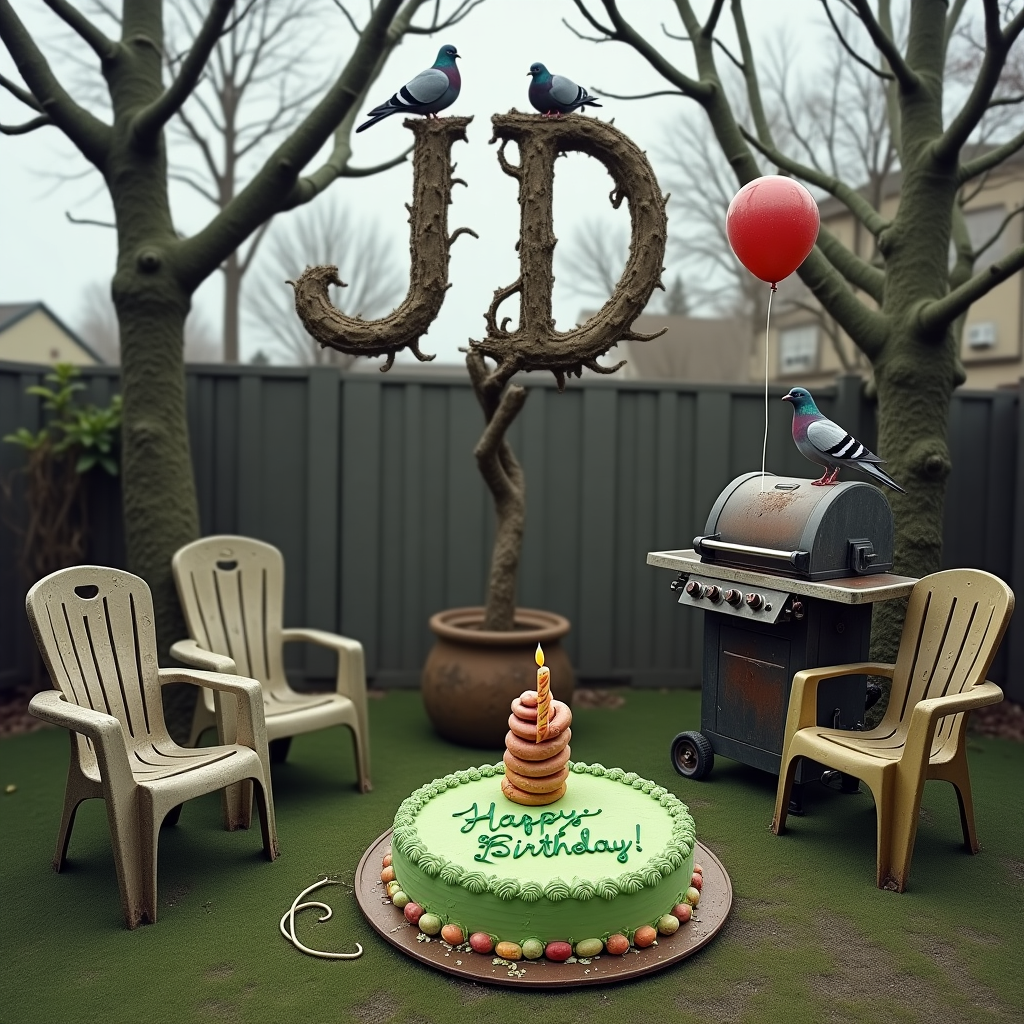 The scene unfolds in a dreary and neglected backyard, where a drab, patchy lawn is populated by mismatched, faded plastic chairs, some of which have precariously balanced stacks of dusty garden gnomes. A rusty barbecue grill, which seems to have not seen a hotdog in decades, is tucked into a corner, with cobwebs forming an intricate network across its hood. At the center of this uninspiring tableau is a small, lackluster birthday cake, topped with a single, lopsided candle that seems ready to droop over at any moment. The cake, however, is humorously frosted with the words "Happy Birthday, JD" in an awkward, bright green icing, providing the only pop of color in this otherwise monochrome setting. The trees in the background are bare and twisted, almost comically so, with their branches tangling together to spell out "JD" in a spooky, natural calligraphy against a slate gray sky. Above, a couple of plump pigeons perch atop a dilapidated bird feeder, eyeing the scene with a mix of disinterest and expectation. A deflated balloon, trapped on a shrub, adds a final touch of hilariously pitiful celebration, while a lone garden hose, curled up like a defeated snake, rounds off this scene of birthday banality.
Generated with these themes: Boring and Ugly.
Made with ❤️ by AI.