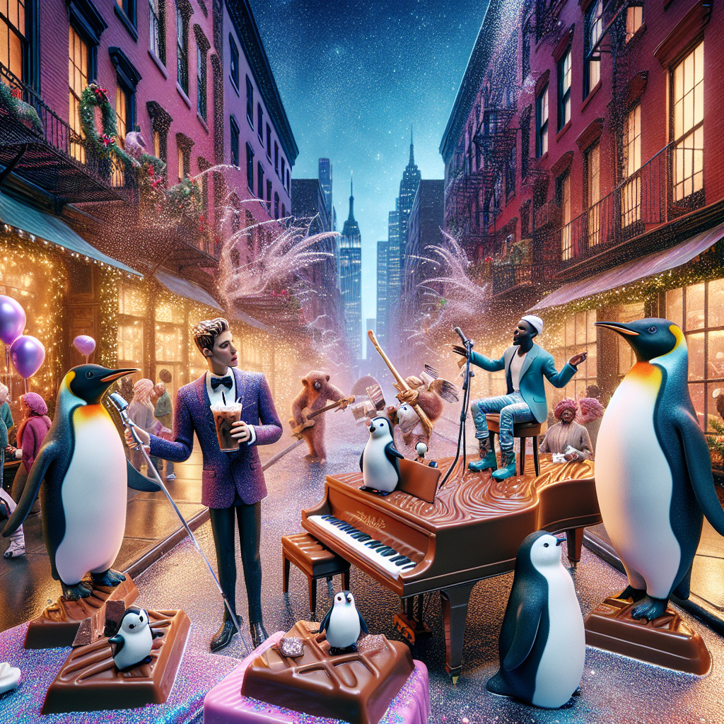 A whimsical scene occurs on a New York street that brims with festive vibes tinged by surrealism. Penguins, in an unexpected twist, are dressed in bow ties and enjoy iced coffees at an open-air bistro that is decorated for a birthday party. Meanwhile, in the background, two pop musicians, a Caucasian male and African American female, play a duet atop a grand chocolate piano, serenading the city with their melodious tunes. A shimmering sprinkling of glitter descends from the sky, akin to a confetti shower. An ethereal glow infuses the city, lending this merry spectacle an otherworldly charm.
Generated with these themes: Harry Styles, Iced coffee, Chocolate, Beyoncé, Glitter, New York, and Penguins.
Made with ❤️ by AI.