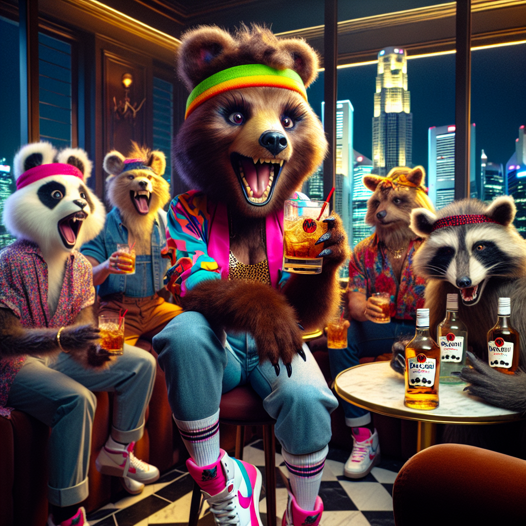 A lively and nostalgic scene unfolds inside a plush lounge. A female bear, embodying the 80's charisma of pop music, is wearing a vibrant headband and retro high-tops. She’s surrounded by her friends, each from a different descent: A Hispanic rabbit, a Caucasian weasel, a Middle Eastern raccoon, and a South Asian fox. The ensemble is reveling in the spirit of the moment, Bacardi on the rocks in their hands. The aesthetic of the place harks back to the 80's era, yet blending seamlessly with the contemporary city lights view of Singapore outside the window. The group, in a joyful mood, breaks into an impromptu sing-along marking a memorable birthday celebration.
Generated with these themes: Female Bear, 80’s boy bands, Bacardi, and Singapore .
Made with ❤️ by AI.