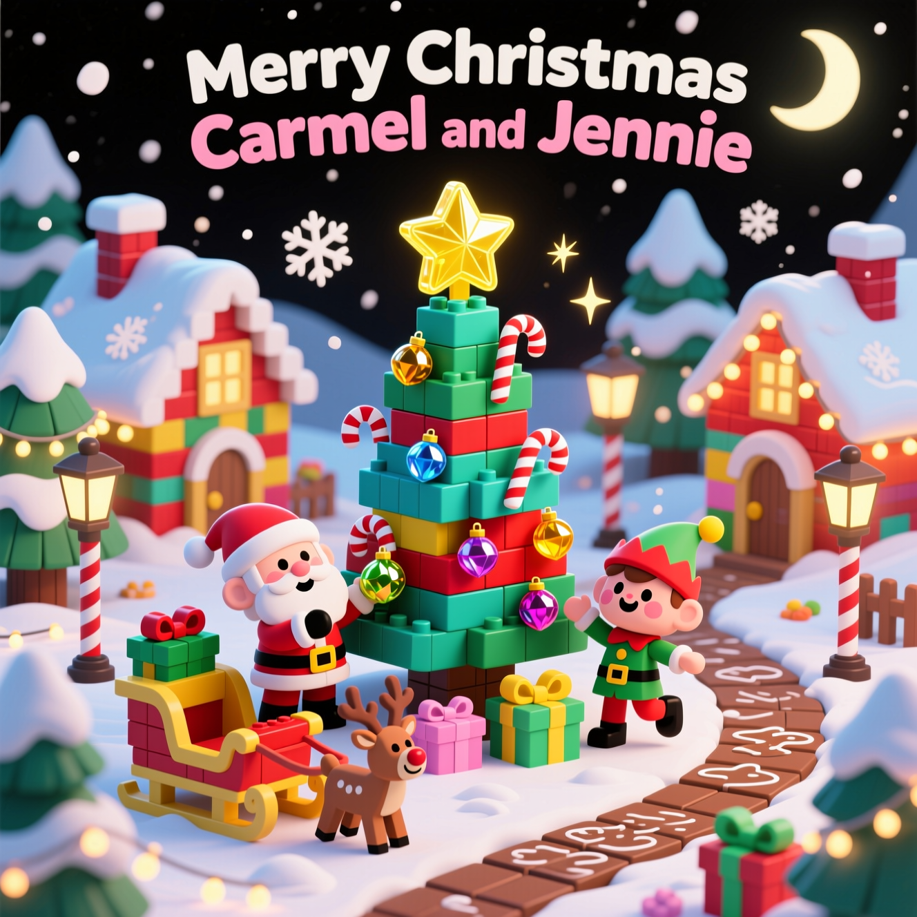 At the top of the Cartoon Style image, Merry Christmas Carmel and Jennie

Cute, playful Cartoon Style scene with thick black outlines, bright saturated colors, and exaggerated, chibi-style proportions: a cozy snowy village built entirely from colorful interlocking toy bricks (no logos). Center stage, a towering brick-built Christmas tree sparkles with glossy gem-like baubles, candy-cane stripes, and a star made of translucent yellow bricks. A jolly, cartoon brick-Santa and two bouncy brick-elves (big heads, tiny bodies, rosy cheeks) strike energetic poses as they “click” the last ornament into place. A brick sleigh and two adorable brick reindeer peek in, prancing with joyful motion squiggles. Snowdrifts and pine trees are brick-stacked, with soft snowfall of oversized, stylized flakes and twinkly sparkles. Candy-cane lamp posts, gift boxes with bowed studs, and a winding path of gingerbread-brown tiles add whimsy. Warm fairy lights glow around the scene with cozy highlights and soft bloom.

Style notes:
- Thick, clean outlines and cel-shaded color blocks; bold reds, greens, icy teals, sunshine yellow, soft pinks; cute mood.
- Slight 3/4 isometric perspective, portrait composition, large image focus; dynamic swooshes and motion lines for energy.
- Gentle vignette; soft rim light from a crescent moon; subtle texture for snow sparkle.

Text styling:
- Render the title “Merry Christmas Carmel and Jennie” in big, playful block letters that look built from colorful toy bricks, with a crisp white outline and gentle glow so it pops against the night sky.
- Add one small, cheeky line at the bottom on a tiny brick-plaque: Piece on Earth!
Generated with these themes: Lego, and .
Made with ❤️ by AI.