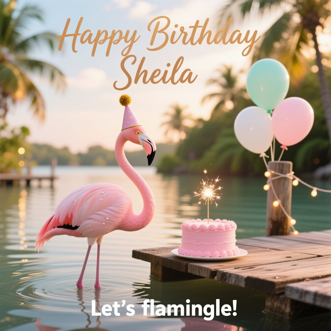 At the top of the Photorealistic picture taken from a camera image, "Happy Birthday Sheila" in elegant rose-gold hand-lettered script with a soft shadow for readability over sky bokeh.

Ultra-high-definition 4K UHD, true-to-life photograph: a graceful pink flamingo standing in shallow, sunlit lagoon water at golden hour. The flamingo wears a tiny pastel party hat with a gold pom‑pom; its neck curves softly as it gazes at a small single-tier cake with blush-pink frosting and a single lit sparkler, set on a low rustic wooden pier at the water’s edge. Background tastefully blurred: pastel balloons (mint, blush, white) tied to a pier post, warm fairy lights draped through palm fronds, lush tropical foliage, gentle sun flare, creamy bokeh. Lifelike textures and accurate lighting: detailed feathers with dewdrops, rippling reflections on clear water, weathered wood grain, velvety frosting; warm rim light outlining the flamingo, natural shadows. Cute, joyful mood with a soft palette (pinks, coral, mint, cream, touches of gold). Shot on a full-frame camera, 85mm lens, f/2.8, ISO 200, 1/800s, portrait orientation; rich depth of field with tack-sharp subject and dreamy background. No humans.

At the bottom of the image, a small playful caption reads: "Let’s flamingle!" in a rounded white sans‑serif with a subtle shadow.
Generated with these themes: Flamingo, and .
Made with ❤️ by AI.