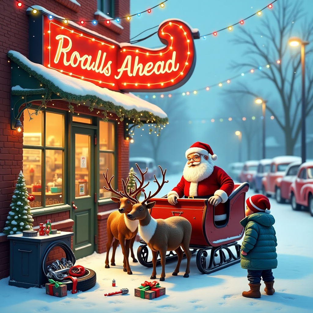 In the foreground of this whimsical birthday card scene, a realistic and charming photograph captures a bustling automotive parts shop named "Roads Ahead." The shop's vintage red brick facade is adorned with a large, neon sign in the shape of a winding road, warmly glowing above the door. The windows are festively decorated with strings of multicolored lights and small cut-out snowflakes. Outside the shop, a snow-dusted Santa Claus is portrayed in mid-conversation with a friendly mechanic, his cheeks rosy against the crisp winter air. Santa's iconic red sleigh, looking slightly askew, is parked haphazardly in front of the store, one runner clearly bent. A few of Santa's reindeer, complete with softly glowing, LED-lit antlers, are huddled nearby, playfully nudging at an open toolbox that spills over with wrenches and spark plugs. Scattered around the sleigh are various automotive parts – a shiny chrome muffler, a polished tire with a red bow on it, and a glistening car battery with a green ribbon – all nodding to the theme of a Christmas delivery gone awry. Nearby, a line of vintage cars, their windows lightly frosted, are parked in a row, each painted in cheerful colors reminiscent of Christmas ornaments. Snow gently falls around the scene, adding to the holiday charm, while a curious, wide-eyed child in a puffy, blue winter coat watches the spectacle from the edge of the frame, holding a half-eaten candy cane.
Generated with these themes: Automotive parts shop called Roads Ahead, Santa and sleigh, Cars, and Santa on sleigh pulled up outside car parts shop getting sleigh fixed.
Made with ❤️ by AI.