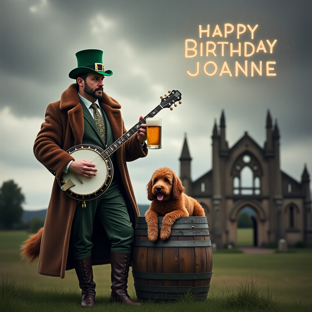 Ben affleck with a leprechaun hat, Wearing a coyote fur coat, Playing the banjo, Holding a stein of beer, Standing next to a whiskey barrel, Next to a red Australian labradoodle, and Kirkstall abbey leeds in the background Birthday Card