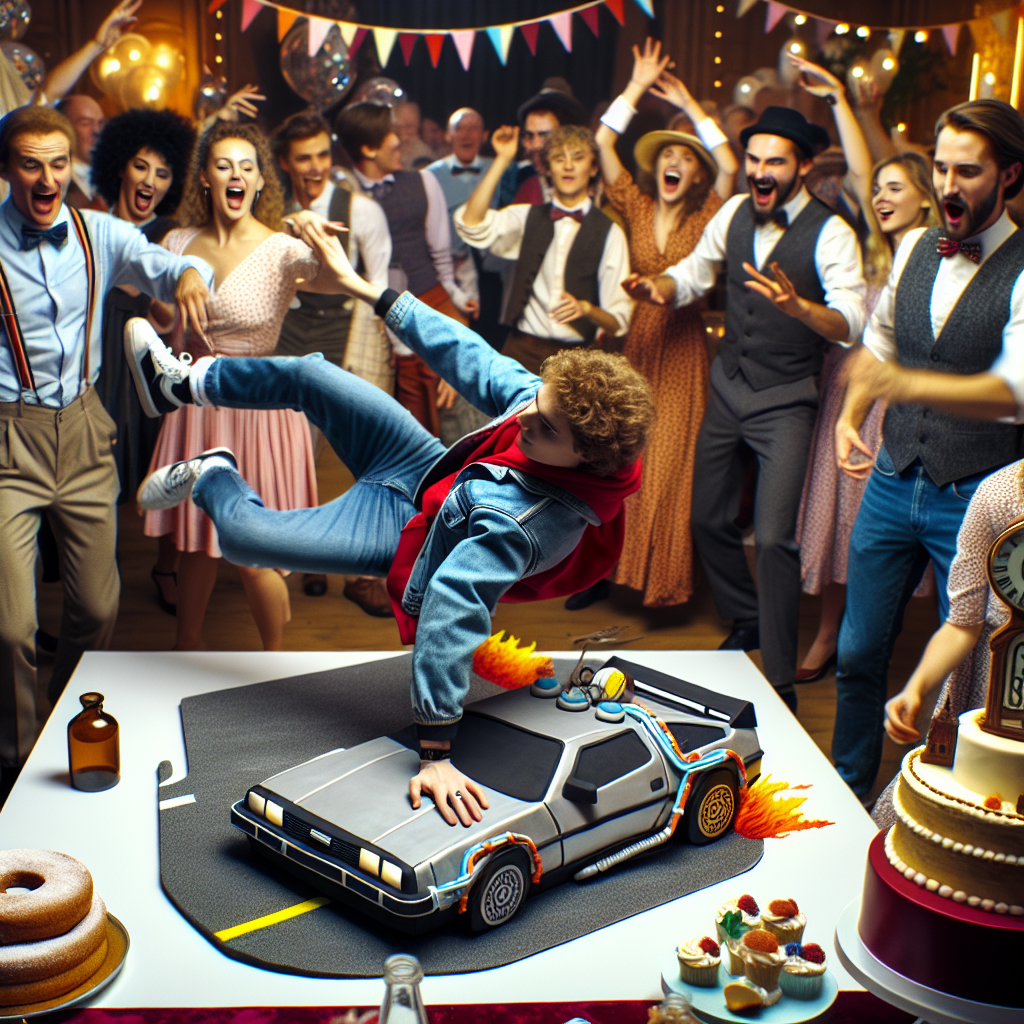 A lively gathering, the air brimming with laughter and exhilaration as party attendees, donned in '80s inspired outfits to symbolize a classic time travel film, delight in an energetic breakdancing exhibition. A party-goer, dressed akin to the time-traveling protagonist, is engaged in an intricate spin on a cardboard layout of a well-known fictional clock tower. The birthday cake stands out, with a delicious sugar paste model of a vintage sports car leaving behind a streak of icing flames, beautifully representing the sense of adventure and exploration central to this beloved time travel narrative.
Generated with these themes: Back to the Future, breakdancing.
Made with ❤️ by AI.