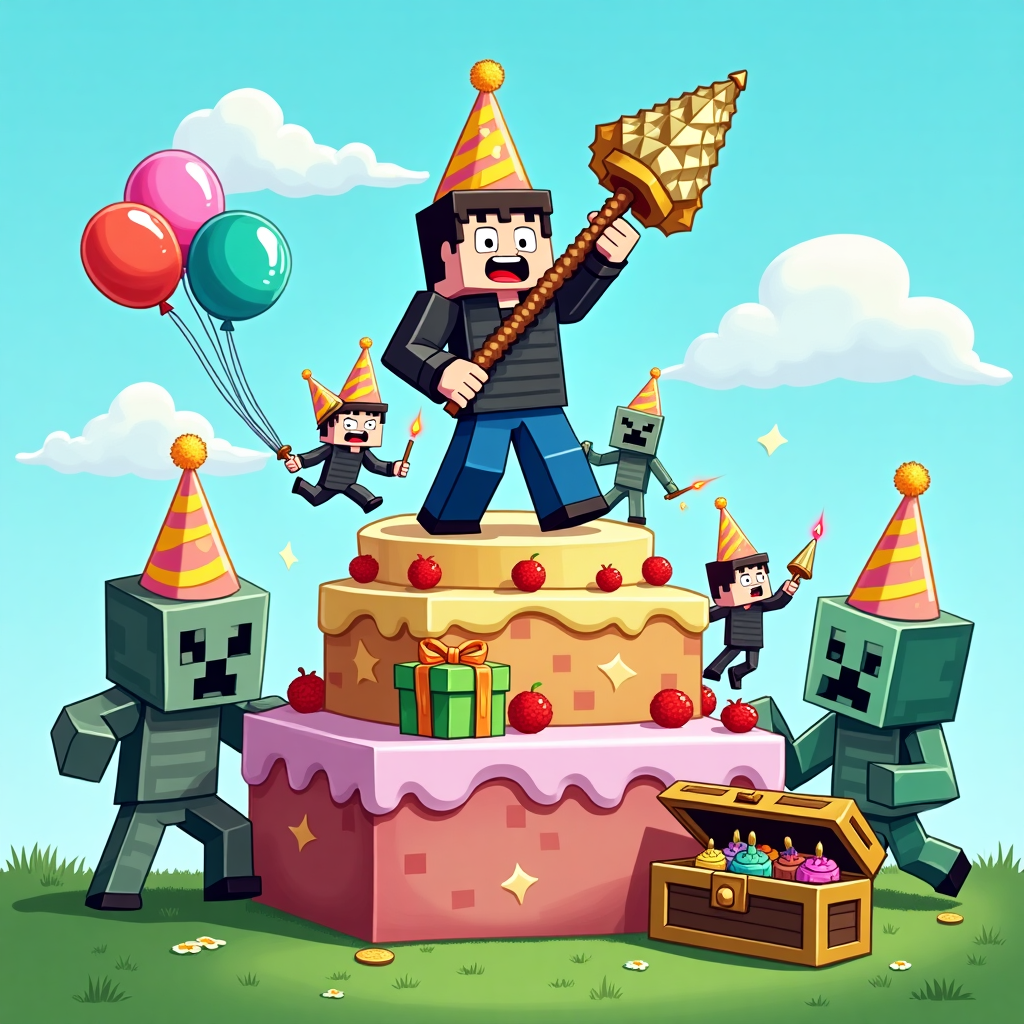Sure! Here's the creative image prompt:

---

At the top of the cartoon image, **"Samuel, You’ve Leveled Up to Birthday Boss Mode!"**

**Image description:**  
A cartoon Minecraft scene where "Samuel" (in blocky, Minecraft-style character form) is standing proudly on top of a giant, colorful birthday cake made of pixelated Minecraft blocks. He's wearing a diamond armor birthday hat and holding a pixelated golden pickaxe that's actually a huge party horn! Around him are mobs (like creepers and skeletons) wearing tiny party hats and awkwardly blowing party blowers instead of fighting. Balloons shaped like blocks float in the sky. There's even a treasure chest open beside Samuel with presents popping out — TNT wrapped like a gift and pixelated cupcakes. Bright, silly colors with exaggerated cartoon expressions all around for a playful, cheeky vibe.

--- 

Would you like a few more variations too? 🎉✨
Generated with these themes: Minecraft.
Made with ❤️ by AI.