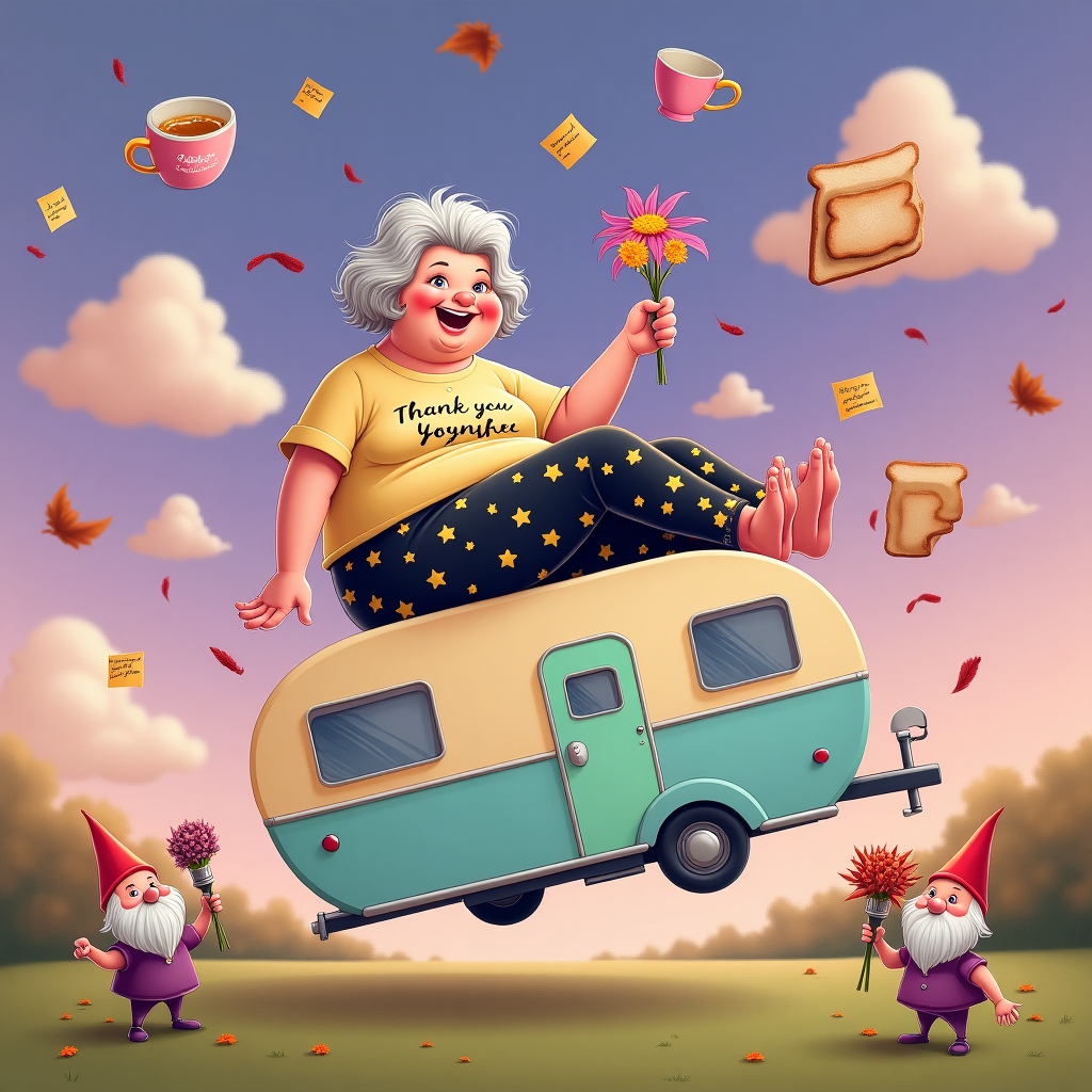 A dead yorkshire terrier, Overweight woman,  grey short hair, , A caravan, Black pajama bottoms, Plus sized t shirt, , , , and Thank-you Card