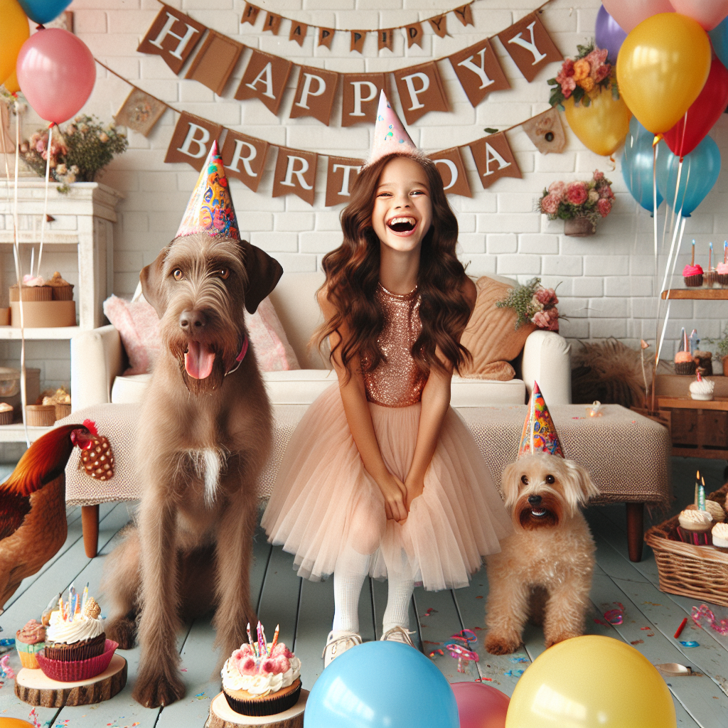 Create an image of a cheerful birthday celebration. The scene includes a brunette Caucasian girl who is celebrating her 7th birthday. She is ecstatically spending her day with her pets: a tan Italian greyhound and a brown cockapoo, both wearing festive party hats. Roaming around the festivity are chickens, adding a rustic touch to the scene. The setting is made vibrant with a collection of multicolored balloons, a joyful 'Happy Birthday' banner, and a spread of yummy cupcakes. The entire ambiance signifies a day filled with love, fun, and happiness.
Generated with these themes: 7, Tan Italian greyhound, Brown cockapoo, Chickens, and Brunette girl.
Made with ❤️ by AI.