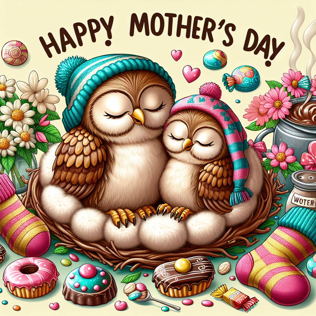 Owls, Woolley socks, Hot water bottle, Whethers, and Chocolate eclairs Mothers-day Card