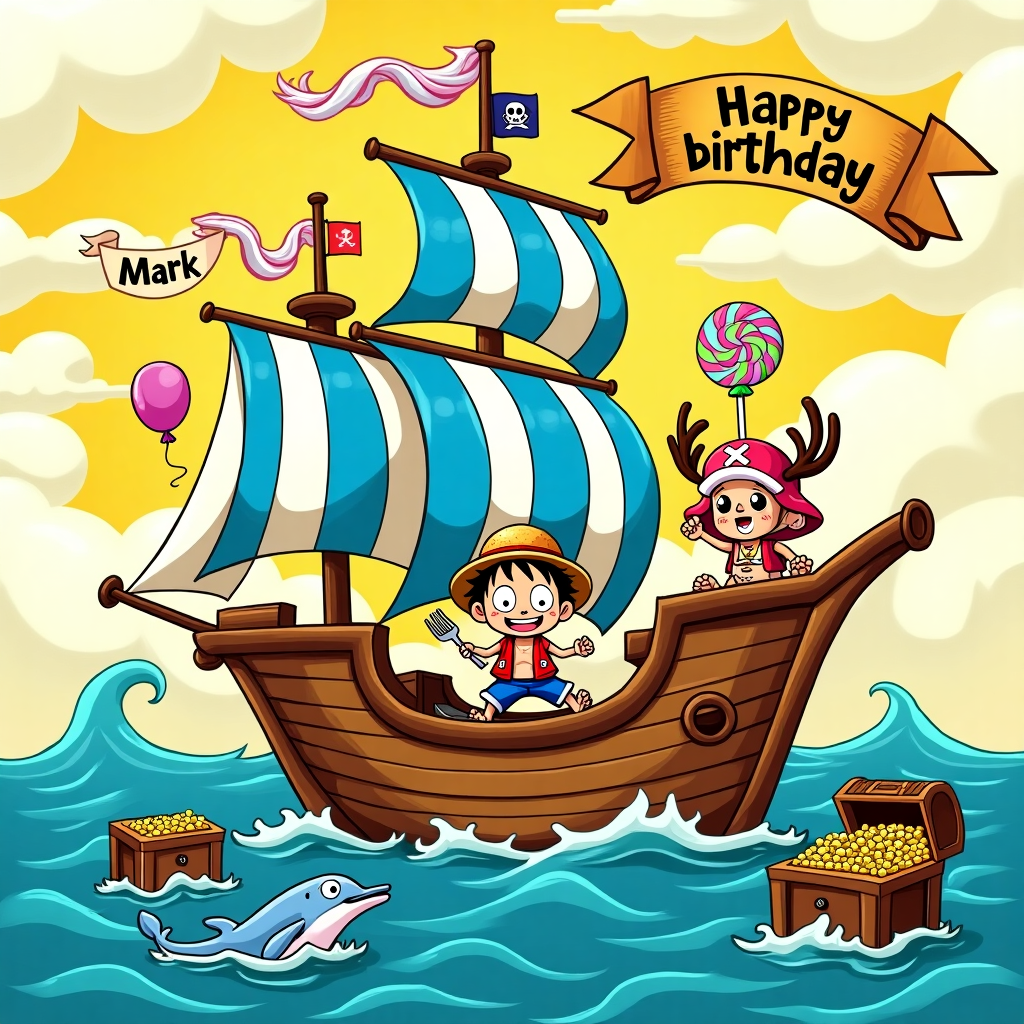 **Front Cover Description:**

**Scene Overview:**
The card features a lively, colorful cartoon-style illustration reminiscent of the energetic, adventurous feel of One Piece anime, blended with the charming, exaggerated features seen in classic comic styles.

**Central Image:**
At the center is a whimsical pirate ship, inspired by One Piece's iconic "Going Merry," but with exaggerated features: oversized sails billowing in vibrant blues and whites, and a hull with exaggerated curves and angles. The ship floats atop a sea made of swirling shades of turquoise and aqua.

**Characters:**
1. **Luffy-like character**: Standing at the bow, a cartoonish character with a straw hat that's humorously large and slightly floppy. His arms stretch wide, almost like rubber, holding a fork in one hand and a balloon shaped like a sword in the other.
2. **Chopper-like character**: A cute reindeer with cartoonishly large antlers, which are decorated with colorful streamers and small flags. His round eyes are wide open, and he has a mischievous grin, holding a gigantic, colorful lollipop.

**Background:**
- **Sky**: The sky is a bright, sunny yellow with oversized, fluffy clouds. Hidden within the clouds is the text "Mark" playfully inscribed in a whimsical font that mimics a contrail from a passing plane.
- **Sea Creatures**: Around the ship, cartoonish sea creatures pop up with exaggerated features— a wide-eyed, smiling dolphin jumping beside the ship, and a goofy, friendly-looking kraken with huge googly eyes waving one of its tentacles, which holds a small birthday cake with a single candle.

**Additional Details:**
- **Banner**: Draped between the masts of the ship is a large, colorful banner with "Happy Birthday" in a font that swirls and curls, reminiscent of pirate treasure maps.
- **Deck Elements**: On the ship's deck, there are oversized treasure chests overflowing with comically large gold coins and gems in bright reds, greens, and purples. An oversized birthday hat with exaggerated polka dots is perched atop one of the chests.

The overall composition brings together elements of adventure and celebration, creating a vibrant and engaging visual feast, perfect for a birthday greeting card.
Generated with these themes: One piece anime.
Made with ❤️ by AI.