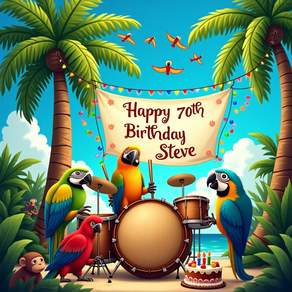 Drumming/ parrots Birthday Card
