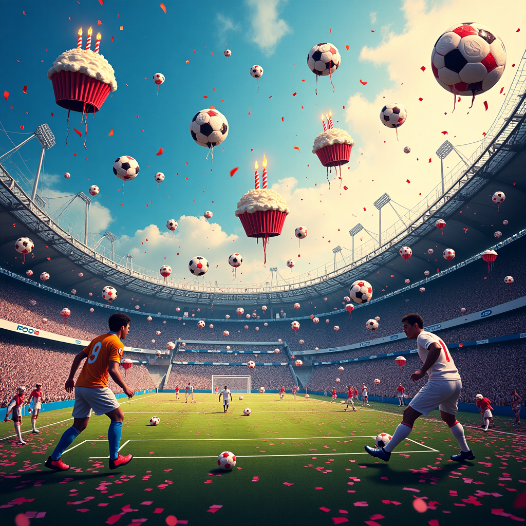 **Prompt:**

At the top of the abstract image, *"Happy Birthday, Pan-demonium in Madrid!"*

A chaotic and whimsical abstract explosion of birthday celebration collides with Real Madrid fan frenzy — surreal melting footballs with birthday candles sprouting from them spin through the sky, while a surreal Santiago Bernabéu stadium floats like a giant birthday cake in the background, topped with frosted tiers and sparklers. Streamers twist into goal nets, piñata-style versions of famous players kick cupcakes instead of footballs, and abstract swirls of confetti and blue-and-white paint form the team's colors. Everything pulses with absurd, over-the-top energy like a football-fueled dream-party on the verge of glorious nonsense.
Generated with these themes: Real Madrid, and Birthday.
Made with ❤️ by AI.