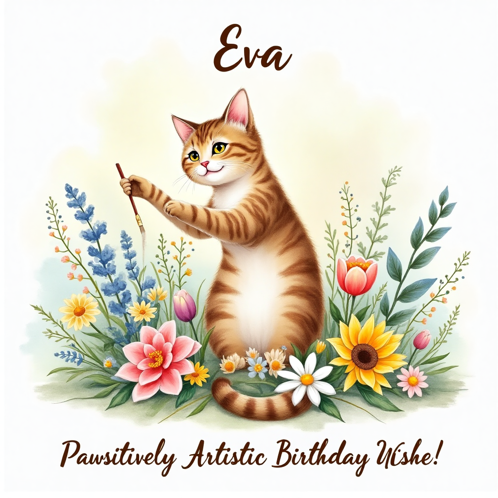 Drawing, Cats, Flowers, and Birthday Card