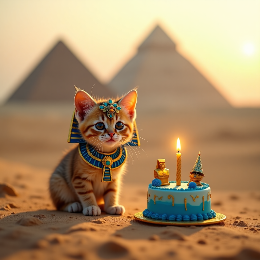 Photorealistic 4K UHD photo, golden sunrise over the Giza desert. Low, eye-level angle with an 85mm lens (f/2, ISO 100, 1/400s), shallow depth of field: crisp focus on a chubby Egyptian Mau kitten wearing a tiny blue-and-gold pharaoh nemes headdress, big curious eyes and delicate whiskers; beside it, a miniature pyramid-shaped birthday cake with lapis-blue fondant accents, edible gold leaf, and a single lit beeswax candle (soft flame glow, subtle heat shimmer). Surroundings: warm, textured sandstone and fine, granular desert sand with tiny kitten pawprints; a garland of blue lotus blossoms and date-palm fronds for festivity; two small gold foil balloons shaped like an ankh and a scarab tied with papyrus twine; a petite sandstone Sphinx figurine in the mid-ground wearing a tiny party hat. Background: the pyramids softly out of focus with cinematic bokeh, gentle sun rays catching dust motes, sky gradient from pale peach to soft azure. Lifelike textures, accurate lighting, natural shadows and rim light on the kitten’s fur, rich depth of field. Color palette: honey gold, sandstone beige, lapis blue, hints of turquoise. Include a single-line caption etched into the smooth sand at the bottom center, inlaid with fine gold dust for a subtle shimmer, clean and readable: “Have a purr-aoh-fect birthday!” No borders, no logos, no watermarks, no cartoon or CGI look.
Generated with these themes: Ancient egypt, and .
Made with ❤️ by AI.