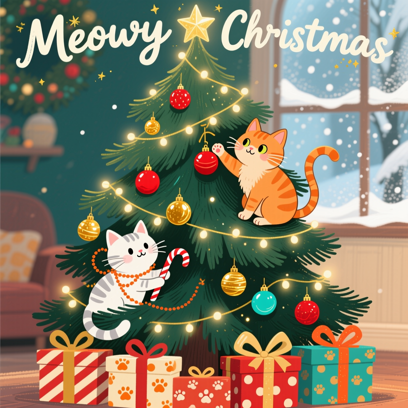 At the top of the Illustration Style image, Meowy Christmas

A cute, cozy, hand-drawn Christmas illustration in a tall, full-bleed portrait composition: a lush, twinkling evergreen tree fills the scene, rendered with fine linework and textured brush strokes. Nestled within the branches are two adorable cats—one ginger cat mid-high on the right, bright-eyed with a playful paw reaching toward a dangling red bauble, tail curled around a branch; and one white cat with soft silver tabby markings peeking out from the lower-left boughs, a loop of tinsel draped over its ears, gently batting a candy cane. Warm fairy lights wrap the tree, casting a golden glow across glossy ornaments (reds, golds, teal), ribbons, and a softly shining star topper. Beneath the tree, neatly wrapped presents with big bows and festive patterns (stripes, polka dots, tiny paw prints) create a charming base. Background hints of a cozy room with soft bokeh and a frosty window suggest snowfall outside, while keeping focus on the tree and cats. Color palette: deep forest greens, holly reds, burnished gold, ginger orange, cream, and winter teal—warm, expressive, and inviting. The “Meowy Christmas” caption is hand-lettered in a whimsical, slightly arched script at the top, creamy white with subtle gold sparkles and a soft shadow for readability, small enough to let the image shine. Fine ink outlines, varied line weight on whiskers and ornaments, painterly shading, subtle paper-grain texture, gentle vignette, and an overall cute, mischievous, heartwarming mood. No watermark or signatures.
Generated with these themes: Christmas tree, Presents, Lights, Ginger cat, White and tabby cat, and .
Made with ❤️ by AI.