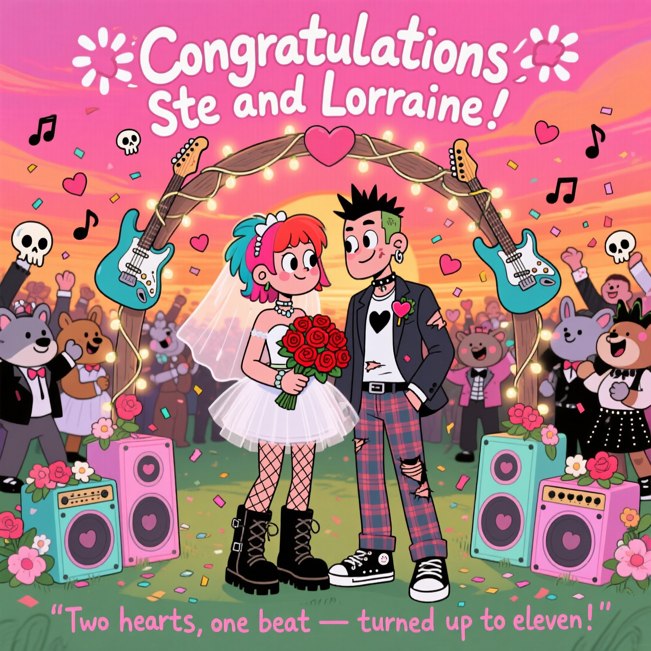 At the top of the Cartoon Style image, write in bold, playful graffiti lettering: **Congratulations Ste and Lorraine**  

Create a vibrant, romantic cartoon wedding scene infused with punk rock attitude: the bride and groom as adorable, exaggerated cartoon characters with bright hair — the bride in a short white dress with a tulle tutu, fishnet tights, chunky boots, and a bouquet made of red roses and guitar picks; the groom in a tailored suit jacket over a ripped band tee, tartan trousers, and Converse sneakers, with a little heart-shaped safety pin on his lapel.  

They stand under a whimsical archway made of entwined guitar necks, strings glistening like fairy lights, with pastel-coloured amps and speakers around them decorated with flowers and hearts. In the background, a crowd of joyful cartoon animals and friends dressed in punk wedding attire cheer and throw confetti shaped like tiny skulls and hearts. The sky is a glowing sunset of saturated pinks and oranges, with musical notes and little hearts floating through the air.  

At the bottom of the image, in fun hand-drawn lettering: **“Two hearts, one beat — turned up to eleven!”**  
Generated with these themes: Punk rock, and .
Made with ❤️ by AI.