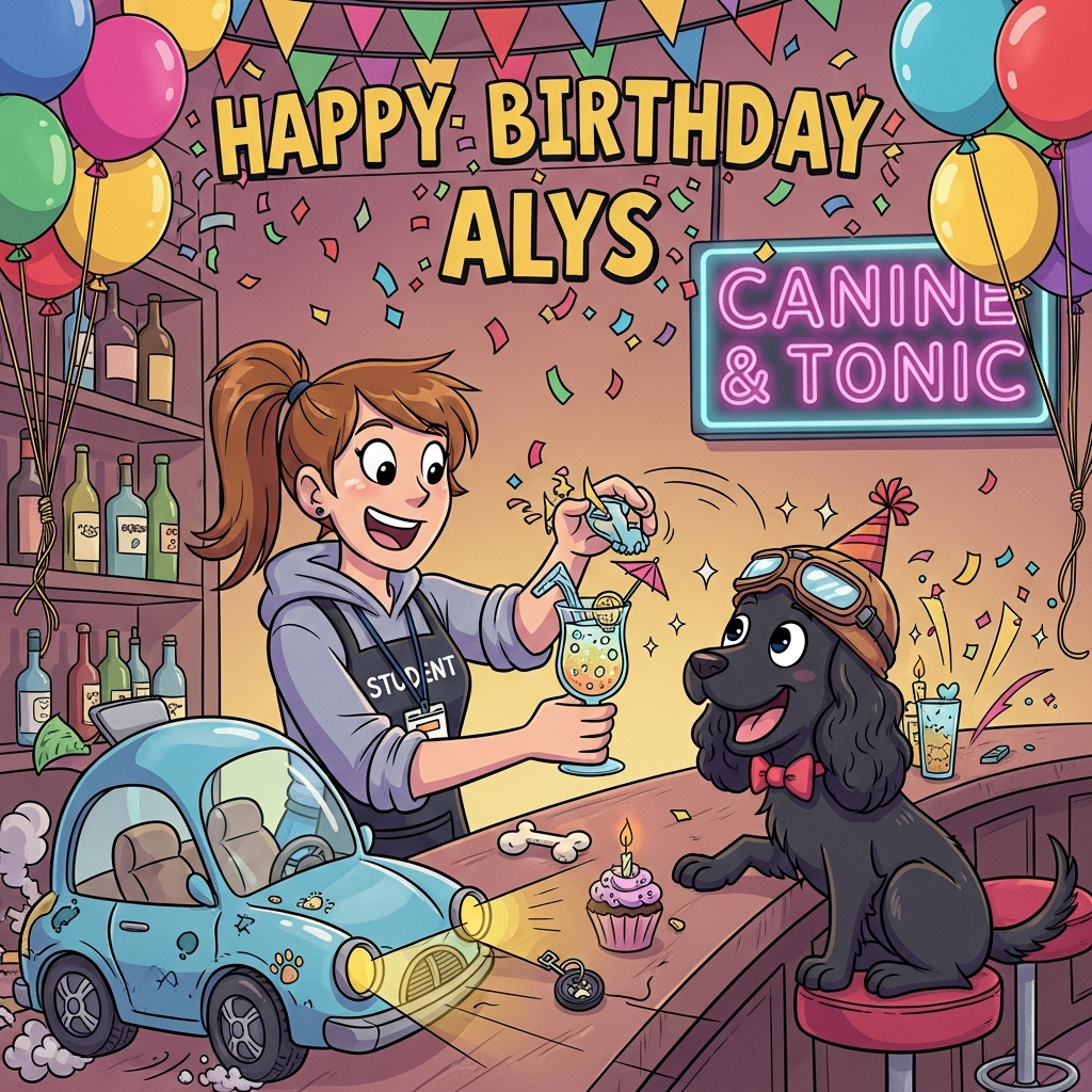 At the top of the Cartoon Style image, Happy Birthday Alys

Playful, bright Cartoon Style with thick black outlines, exaggerated proportions, and energetic, whimsical poses. A lively, colorful bar scene bursting with balloons, streamers, and confetti. Center stage: a smiling female university student bartender (clearly adult), ponytail bouncing, plain varsity-style hoodie under a bar apron with a student lanyard, mid-pour as she slides a sparkling cocktail with a tiny umbrella toward a delighted black spaniel perched on a barstool. The spaniel has glossy black fur, long floppy ears, big twinkly eyes, and a wide grin; driver goggles pushed up on its head, a cute bow tie, and a little party hat. Comedy cue that it just arrived: a comically tiny bubble car parked beside the bar with the door still open, headlights glowing, a puff of exhaust and swoopy motion lines, tiny tire skid marks, pawprint steering wheel, and a bone-shaped keyring resting on the counter. Add birthday details: a mini cupcake with a candle, confetti bursts, sparkles, and playful motion arcs as the student leans in and the dog’s tail wags.

Render the title in big, bouncy bubble letters with confetti and sparkles around it.

Include one extra cheeky line as neon signage above the bar: CANINE & TONIC!

Lighting: bold, punchy, party-colored highlights; slight background blur for depth. Full-bleed portrait composition, dynamic perspective, and lots of squash-and-stretch for humor.
Generated with these themes: She is a university student  and loves holidays and her black spaniel and her little car, and .
Made with ❤️ by AI.