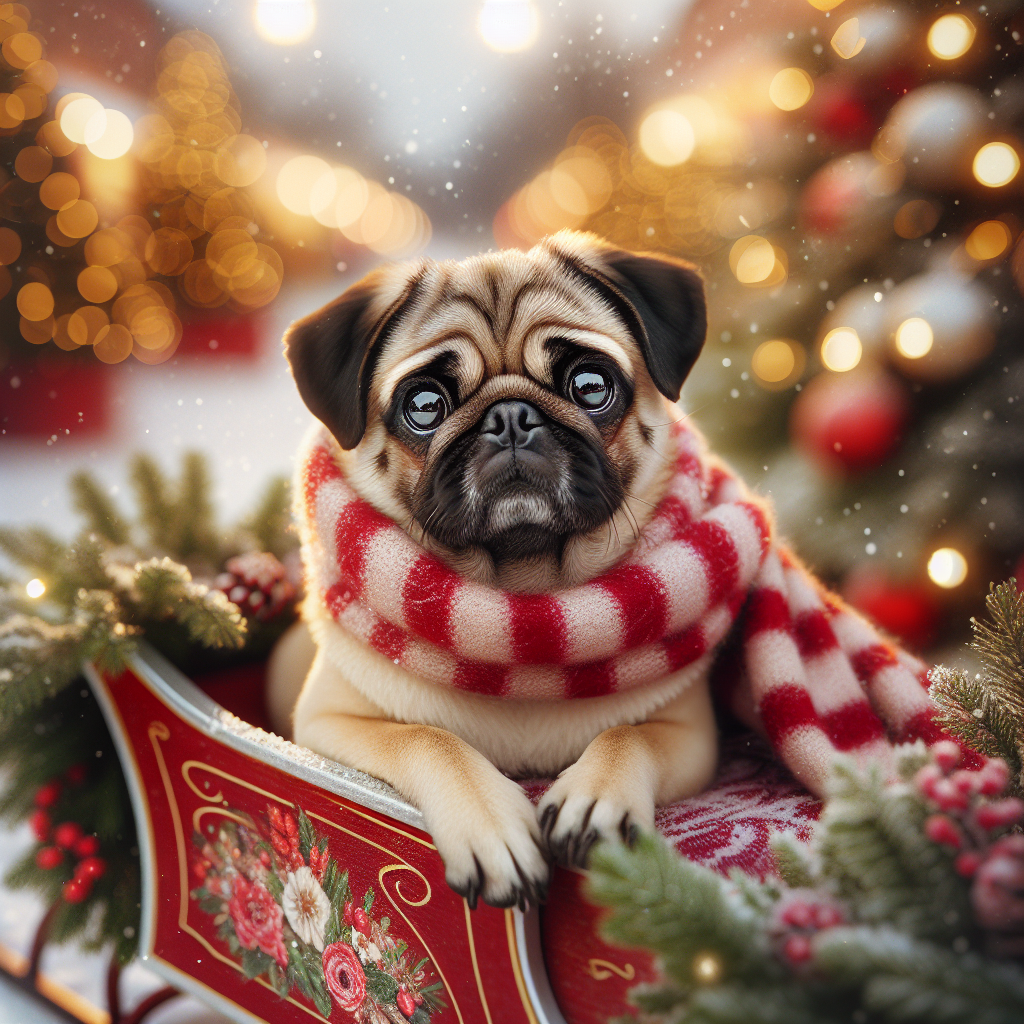 Imagine a charming tableau with a fawn pug wrapped in a red and white striped scarf. It sits in a Christmas sleigh, dark eyes wide with wonder, as delicate snowflakes continue to fall around the softly lit street lamps and holiday wreaths that decorate the scenery.
.
Made with ❤️ by AI.