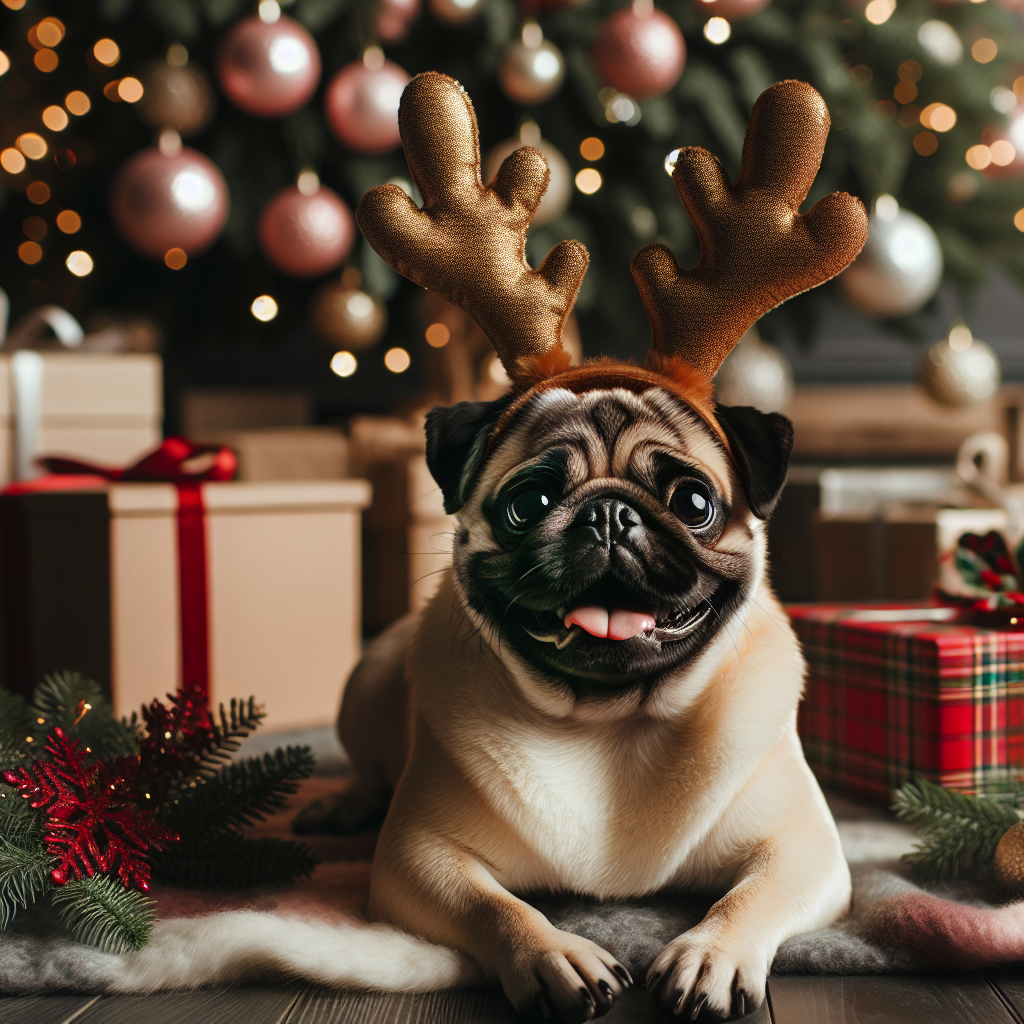 Picture a cozy Christmas scene where a chubby pug, with its glossy fawn fur, frolics playfully. Dark eyes full of mirth, it dons a reindeer antler headband, surrounded by festive decorations and a backdrop of a beautifully adorned Christmas tree.
.
Made with ❤️ by AI.
