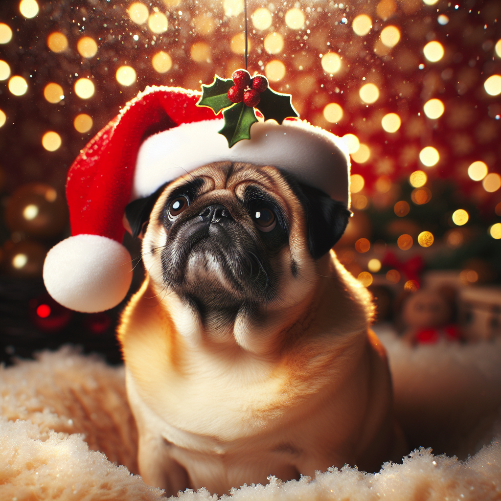 A round-bellied fawn-coated pug sits snugly amidst a flurry of snowflakes, with its dark brown eyes sparkling against the soft glow of Christmas lights. A red Santa hat perches comically on its head as it tilts to one side, looking up at a dangling mistletoe.
.
Made with ❤️ by AI.