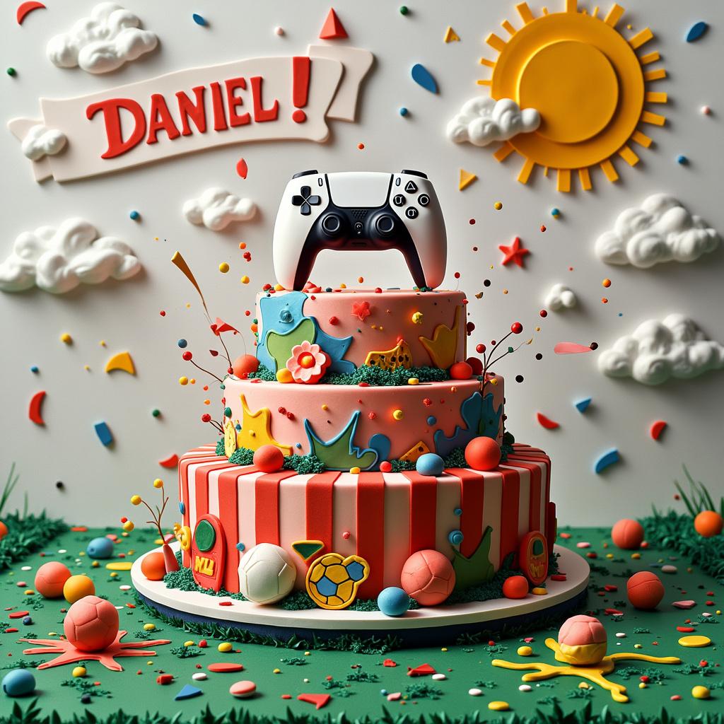 The scene is a vibrant and abstract interpretation of a birthday celebration that fuses elements from Arsenal Football Club and the PlayStation 5. At the center, a large three-tiered cake sits atop a grass-like textured base reminiscent of a soccer pitch, adorned with fondant designs that emulate the iconic red and white of an Arsenal jersey. Abstract marzipan shapes drape over the sides of the cake, drawing inspiration from Kandinsky's bold color palettes and Miró's surreal forms, incorporating hues of the PlayStation 5's signature blue and white.

Perched whimsically atop the cake is a polygonal, three-dimensional controller designed in Mondrian's abstract geometric style, featuring stark black lines filled with primary colors highlighted by an electric blue to echo the PS5 theme. Splatters and drips, reminiscent of Jackson Pollock's energetic style, dance around the cake's base, symbolizing passionate fans celebrating a goal as colors merge the burgundy and gold of Arsenal with the blue and white of PlayStation.

In the background, softly textured blocks of color inspired by Rothko float across the scene, evoking the celebratory atmosphere of a soccer stadium filled with cheering fans. Amongst the clouds overhead, the name 'Daniel' is written in an energetic de Kooning-esque script, resembling a happy birthday banner billowing in the breeze, intertwined with an abstract sun inspired by Malevich's minimalist geometric representations. Finally, faint, Cy Twombly-inspired scribbles and lines suggest the motion of players on a field, blending seamlessly with surreal shapes reminiscent of the buttons and icons of a PlayStation interface. This imaginative narrative beautifully captures the harmonious and playful dance between the worlds of football and gaming, making it a special day for Daniel.

Generated with these themes: Arsenal Football Club and PlayStation 5.  
Made with ❤️ by AI.