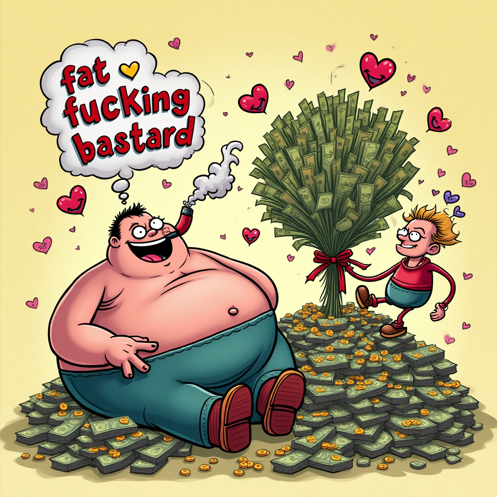 ### Image Prompt

At the top of the Cartoon Style image, the text: "fat fucking bastard".

Create a playful and cheeky cartoon scene featuring a couple of quirky characters. One is a plump, mischievous figure lounging on a pile of money, with stacks of bills and coins scattered around. They have a cheeky grin, exhaling a cloud of colorful vape smoke in a heart shape. Next to them, their partner is comically attempting to balance an absurdly large bouquet of money bills instead of flowers, with a joint tucked behind their ear, giving a wink. Surrounding the duo are whimsical, floating hearts with playful eyes, and various drug paraphernalia turned into cartoonish, smiling characters, adding to the chaotic and fun atmosphere. The image is vibrant with exaggerated proportions, thick outlines, and energetic poses, capturing a quirky and irreverent celebration of love.
Generated with these themes: Vapes, Drugs, Money, and .
Made with ❤️ by AI.