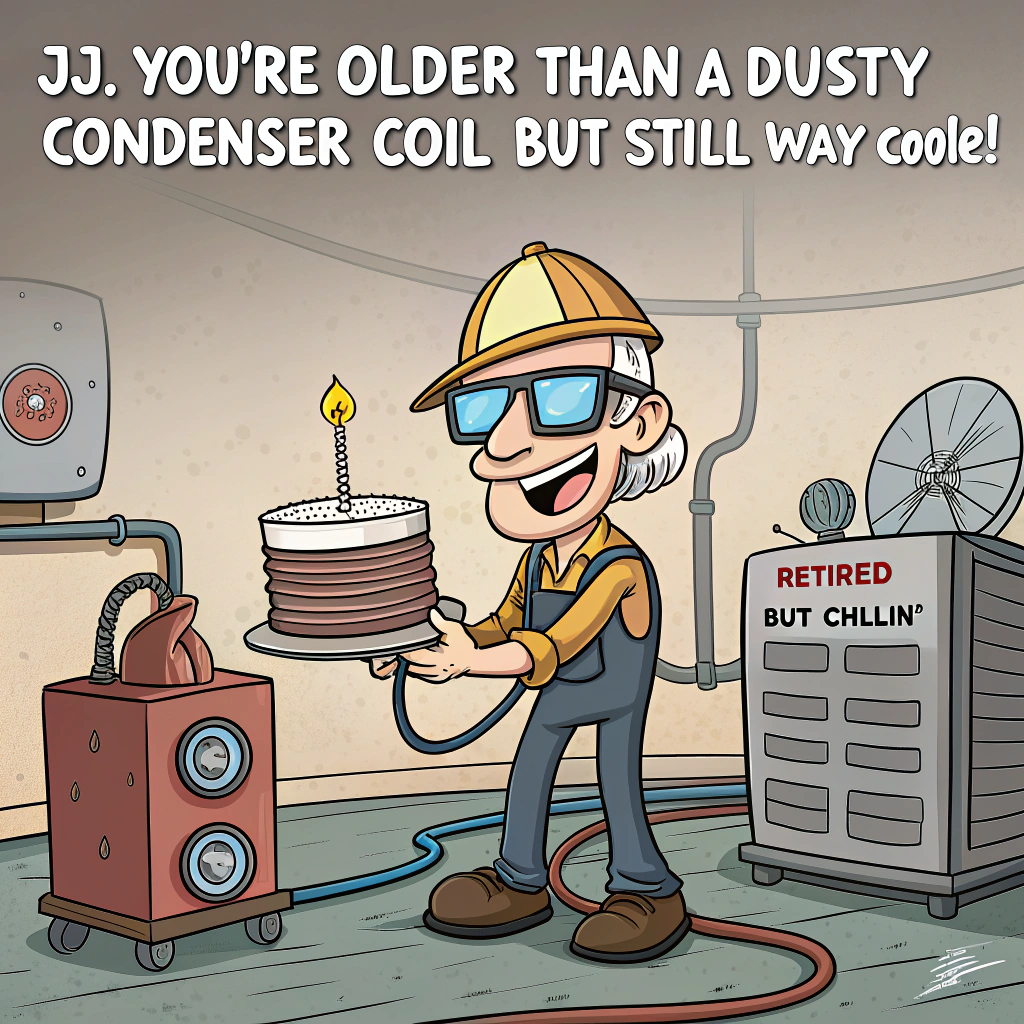 At the top of the image, "JJ, you're older than a dusty condenser coil—but still way cooler!"

- Illustrate a playful cartoon scene set in a quirky repair shop or a home basement.  
- In the center, JJ is drawn as a smiling HVAC technician wearing oversized safety goggles and a party hat, holding a birthday cake in one hand and a refrigerant hose in the other.  
- Behind JJ, there's an exaggerated, ancient-looking HVAC unit wearing sunglasses and holding a "Retired But Chillin’" sign.  
- A confused penguin sits on top of a duct vent blowing birthday confetti, looking thrilled but slightly cold.  
- Balloons shaped like snowflakes float around the room, and one has "Freon Forever!" scribbled on it.
Generated with these themes: Hvav, and Refrigeration.
Made with ❤️ by AI.