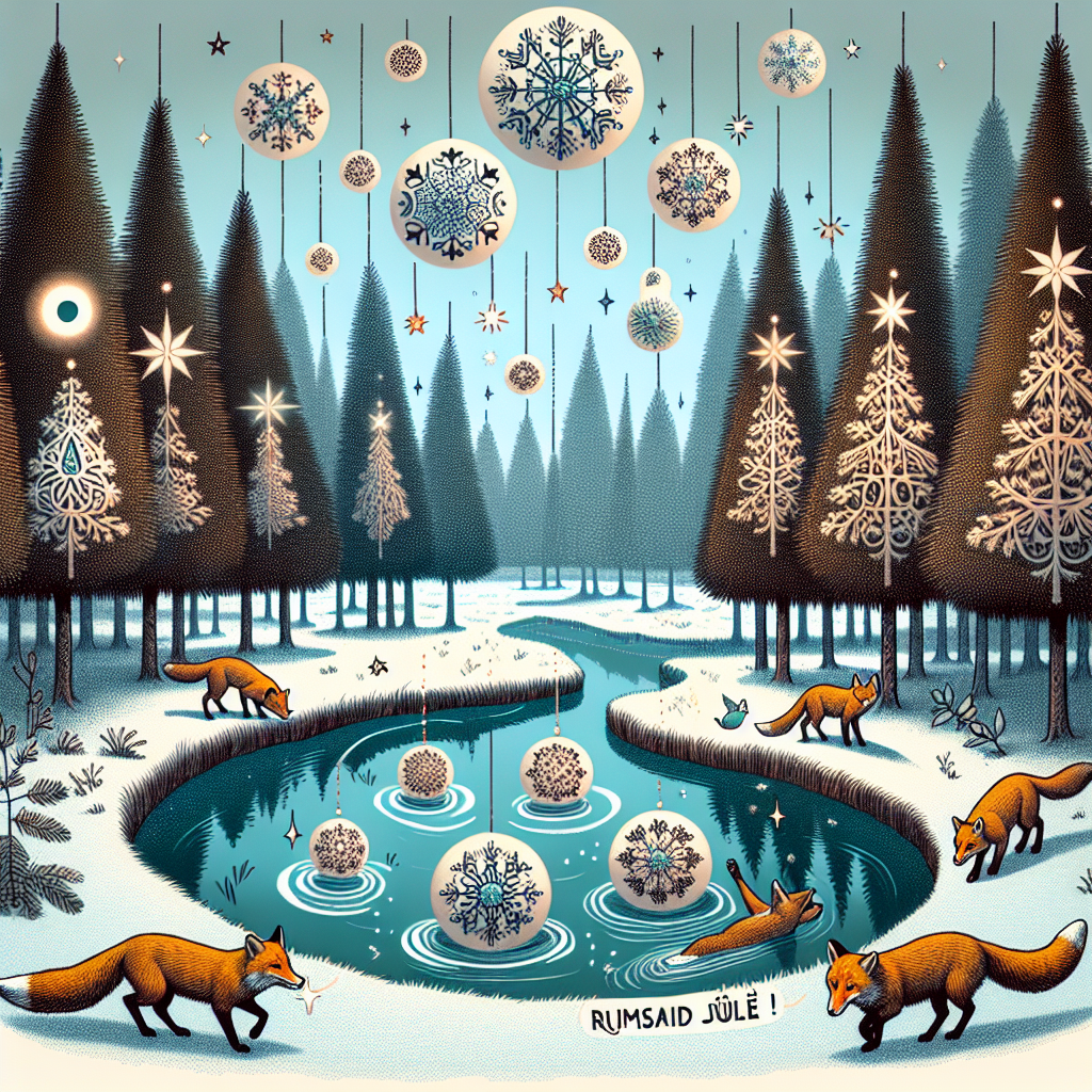In a mystical forest, a translucent stream trickles through, reflecting twisted trees with baubles hanging from their branches. Sparkles of snowflakes in the air form the text 'Rõõmsaids Jõule !', and a family of foxes playfully rearrange them with their noses.
Generated with these themes: Forest.
Made with ❤️ by AI.