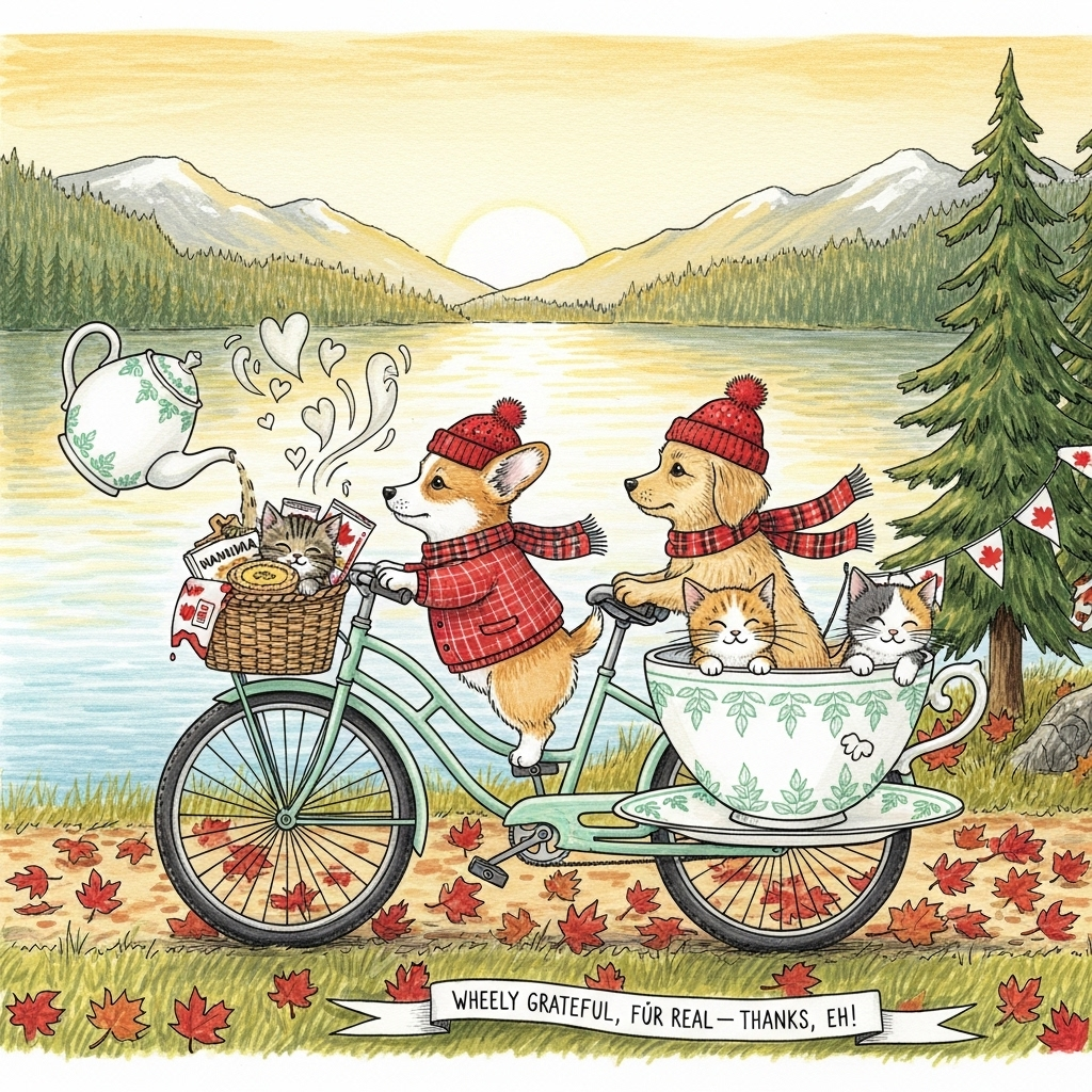Hand-drawn illustration in a cute, cozy Canadian autumn scene: a mint-green vintage bicycle with a teacup-shaped sidecar glides along a maple-leaf-strewn path beside a calm lake at golden hour. Two puppies (a corgi and a golden retriever) pedal and steer, wearing tiny red toques and plaid scarves; two kittens (a tabby in the wicker front basket and a calico lounging in the teacup sidecar) beam with whiskery smiles. The basket overflows with Canadian snacks—Nanaimo bars, butter tarts, and maple-leaf cookies—and a porcelain teapot pours into a patterned cup, steam curling into soft heart shapes. A string of little maple-leaf pennants flutters from the rear rack; pine ridges and distant snowy peaks frame a warm, honeyed sky. Fine ink linework, textured watercolor/gouache brush strokes, soft paper grain; warm expressive palette of maple red, honey gold, soft teal, cream, and spruce green. Balanced, motion-filled composition, portrait orientation, lots of adorable fur texture and twinkly eyes. Small, hand-lettered caption on a trailing ribbon near the bottom: “Wheely grateful, fur real—thanks, eh!” in playful brush script. No other text.
Generated with these themes: Kittens, Puppies, Cycling , Canadian , Snacks , Tea , and .
Made with ❤️ by AI.