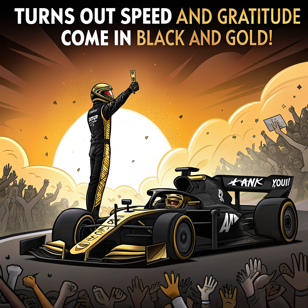 At the top of the image, "Turns out speed and gratitude come in black and gold!"

– In the center of the image, illustrate a triumphant APXGP F1 driver doing a comical victory dance on top of a sleek black and gold F1 car, striking an exaggerated pose with champagne spraying sideways in chaotic arcs.

– The car is surrounded by a roaring cartoon crowd of exaggeratedly enthusiastic fans holding “THANK YOU!” signs and foam fingers, all set against a dramatic cartoon sunset with big bold colors.

– Add a confused rival driver in the background holding a bouquet labeled "Plan B was gratitude?", looking baffled.

At the bottom of the image, "Thanks for putting us on the fast track to awesome!"
Generated with these themes: the crowd cheer when the F1 Grand Prix is won at sunset by the APXGP team with a black and gold F1 car.
Made with ❤️ by AI.