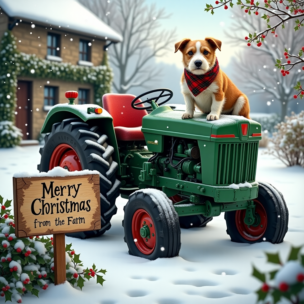 In the crisp, wintry landscape of a quaint countryside village, the scene unfolds with a green tractor, its paint slightly weathered, nestled amidst a gentle blanket of freshly fallen snow. The tractor, with its sturdy tires half-buried in the powdery white, stands majestically at the edge of a frost-laden field that glimmers under the pale winter sun. Nearby, a charming stone farmhouse with ivy-draped walls and a roof crowned with snow serves as a picturesque backdrop. The tractor's driver's seat is adorned with a bright red plaid blanket, hinting at recent use. Sitting alertly on the tractor's hood is a lively Border Terrier, its fur a mix of grizzled tan and white, eyes sparkling with mischief and intelligence. The terrier wears a festive red and green plaid bandana around its neck, adding a cheerful touch to the scene. In the foreground, a wooden sign propped against the tractor reads "Merry Christmas from the Farm" in elegant script, its edges dusted with snow. Surrounding the scene, clusters of holly bushes with glossy green leaves and bright red berries peek through the snow, while delicate snowflakes continue to gently fall, adding a touch of magic to this serene countryside tableau.
Generated with these themes: Green tractor border terrier.
Made with ❤️ by AI.