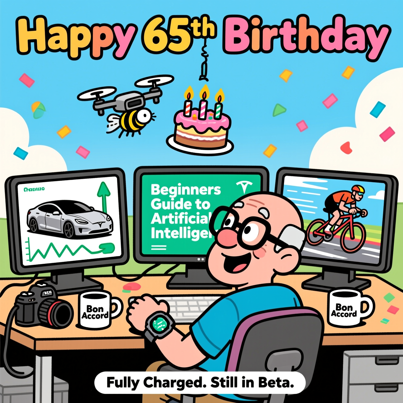 At the top of the Cartoon Style image, Happy 65th Birthday

Playful, funny cartoon scene with exaggerated proportions, thick black outlines, and bright saturated colors. A 65-year-old bald, hairless man with big black-rimmed glasses and an oversized smart watch sits at a desk with three computer monitors. Left monitor: a silver grey Tesla car with a bold charging graph below the car. Middle monitor: large readable on-screen title “Beginners Guide to Artificial Intelligence”. Right monitor: a dynamic racing cyclist mid-sprint. On the desk: a DSLR-style camera and a white coffee mug with “Bon Accord” printed in black. Above the desk, a small drone buzzes in with a dangling birthday cake (lit candles), wobbling comically as the man looks up, delighted. Energetic, whimsical poses, thick outlines, clean cel shading, cheerful daylight, confetti sprinkles for extra party fun. Make the top text big and bold. At the bottom, a small cheeky caption: Fully Charged. Still in Beta.
Generated with these themes: Drone, Camera, Computer, Bike, Artificial Intelligence , and .
Made with ❤️ by AI.