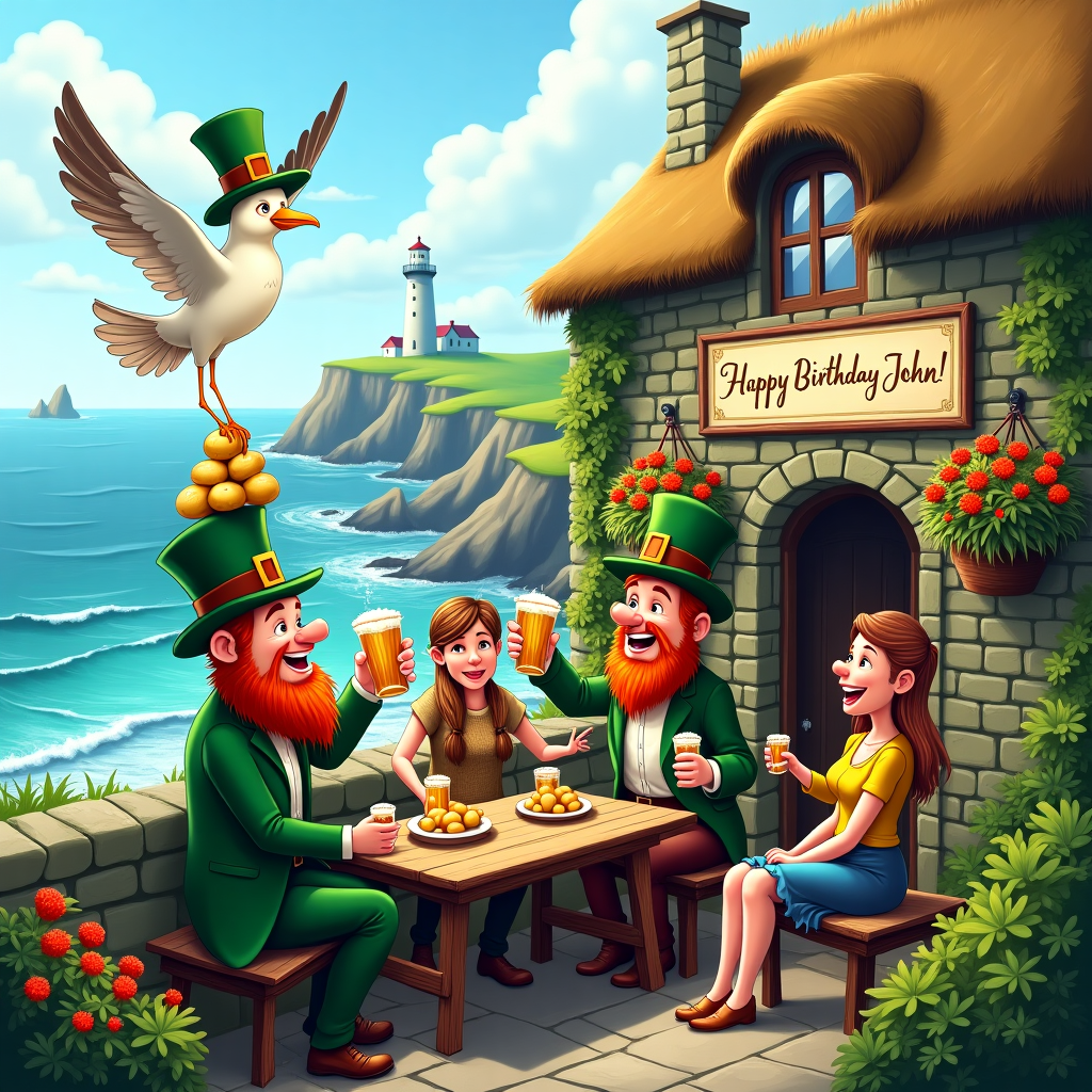 In this whimsical birthday scene, imagine a sun-drenched day on the rugged Irish coastline, with the Atlantic's waves gently kissing the rocky shore in the background. At the heart of the scene is a cozy, old-world Irish pub with a thatched roof, its stone walls adorned with vibrant hanging flower baskets brimming with bright geraniums. Outside, on the pub’s quaint patio, two jovial men and two women are gathered around a wooden picnic table, each holding a frothy pint of Guinness, their glasses clinking in mid-celebration. One of the women is animatedly balancing a small pyramid of potatoes on her head, evoking a playful sense of circus-like balance, as the others cheer her on.

A leprechaun, complete with a bushy red beard and a gleaming green suit, is cheekily perched on a stone wall nearby, tipping his hat in a gesture of birthday cheer. The leprechaun is holding a sign with the words “Happy Birthday John!” in swirling Celtic script, written in shimmering gold, as if made from threads of sunlight. Above, a whimsical touch comes in the form of a cartoon seagull wearing a tiny green bowler hat, swooping across the bright blue sky, trailing a banner behind it that also reads “Happy Birthday John!” in playful cloud-like letters.

In the distance, a lighthouse stands tall on a craggy cliff, its light rotating, casting an eye-catching gleam that momentarily lights up the scene. The whole setting is alive with vibrant colors, from the emerald green of the hillsides to the sapphire blues of the sea, creating a lively tableau that captures the spirit of a jovial Irish birthday celebration by the sea.
Generated with these themes: Two men and women drinking Guinness outside a pub in Ireland by the sea eating potatoes .
Made with ❤️ by AI.