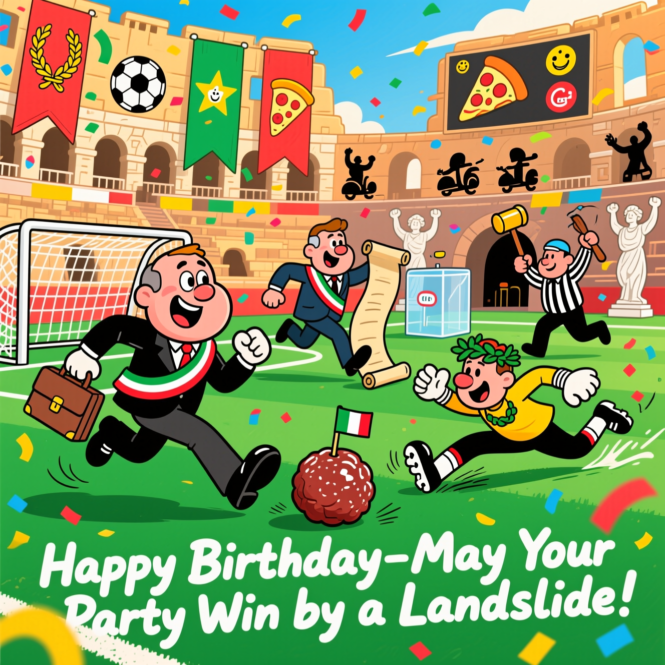 Playful cartoon style with exaggerated proportions, thick black outlines, bright saturated colors, and bouncy, energetic poses. A wide, image-first composition: a raucous football match inside a cartoonified Roman Colosseum turned stadium. On the emerald-green pitch, goofy, big-headed “politicians” in tailored suits and Italian tricolor sashes sprint, slide-tackle, and bicycle-kick with slapstick flair. One player dribbles using a briefcase like a boot; another unfurls a ridiculously long scroll mid-kick; a goalkeeper wears a laurel wreath and dives heroically. The football is a glossy “meatball” with a tiny Italian flag toothpick. The goal is styled like a clear ballot box with a net inside; a referee in stripes brandishes a comically oversized gavel instead of a whistle. Tricolor confetti and streamers swirl; banners around the stands show icons (laurels, stars, footballs, pizza slices) but no words. Warm golden-hour light and a candy-colored palette (tomato red, basil green, limoncello yellow, sky blue). Cel-shaded, high contrast, dynamic motion lines, and comedic facial expressions. Background details: Vespa silhouettes near the player tunnel, marble statues striking goal-celebration poses, a pizza-slice scoreboard showing only cheerful icons (no text). No real politicians or logos.

Include a single cheeky caption, hand-lettered in a chunky, playful font with a tricolor gradient fill and white outline, curved along the bottom edge:
“Happy Birthday—May Your Party Win by a Landslide!”
Generated with these themes: Italy, Football, Politics, and .
Made with ❤️ by AI.