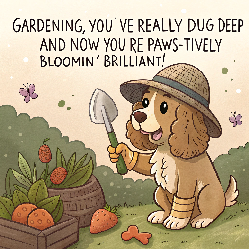 At the top of the image, "Gardening, you’ve really dug deep and now you’re paws-itively bloomin’ brilliant!"

– Depict a cartoon-style cocker spaniel puppy, wearing a floppy sunhat and oversized gardening gloves, proudly holding a shiny golden trowel in its mouth.

– The puppy is standing next to an award-winning, slightly chaotic garden bed where carrots, bones, and tennis balls grow on vines, with little butterflies and a confused worm clapping with tiny mittens.

– Add cheerful congratulatory banners hanging between sunflowers that say things like "Top Dog!" and "Well DUG!"
Generated with these themes: cocker spaniel cute puppy.
Made with ❤️ by AI.