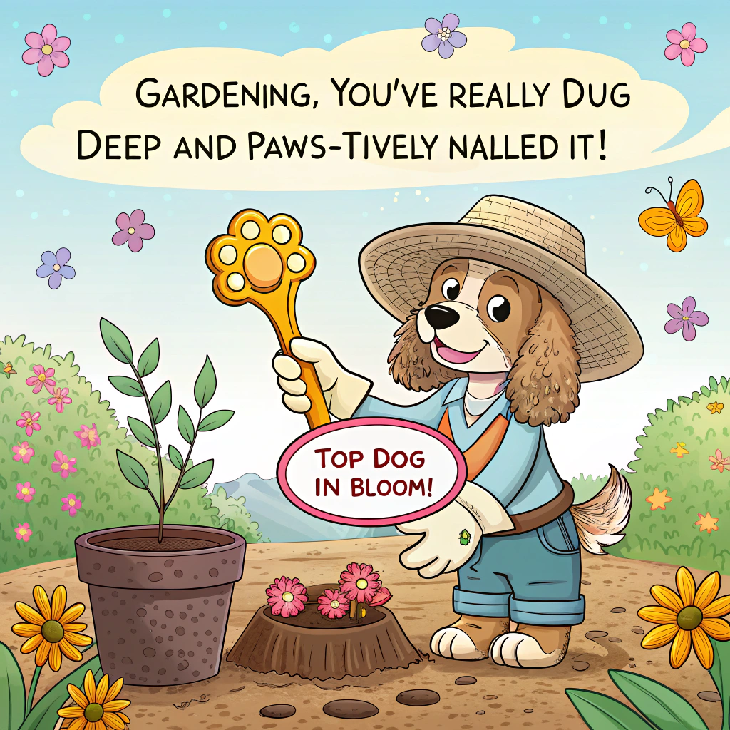 At the top of the image, "Gardening, you’ve really dug deep and paws-itively nailed it!"

- Illustrate a cartoon-style scene with a cocker spaniel puppy wearing a sunhat and oversized gardening gloves on its paws, proudly standing next to a hilariously overgrown award-winning flower that's shaped like a golden bone.
- Around the puppy are scattered gardening tools, muddy paw prints, and a trophy that says "Top Dog in Bloom!"
- The background features a cheerful sunny garden with butterflies wearing sunglasses, one giving a tiny thumbs-up (if it had thumbs).
- The puppy has a goofy grin and is holding a little watering can labeled "Liquid Victory."
Generated with these themes: cocker spaniel cute puppy.
Made with ❤️ by AI.