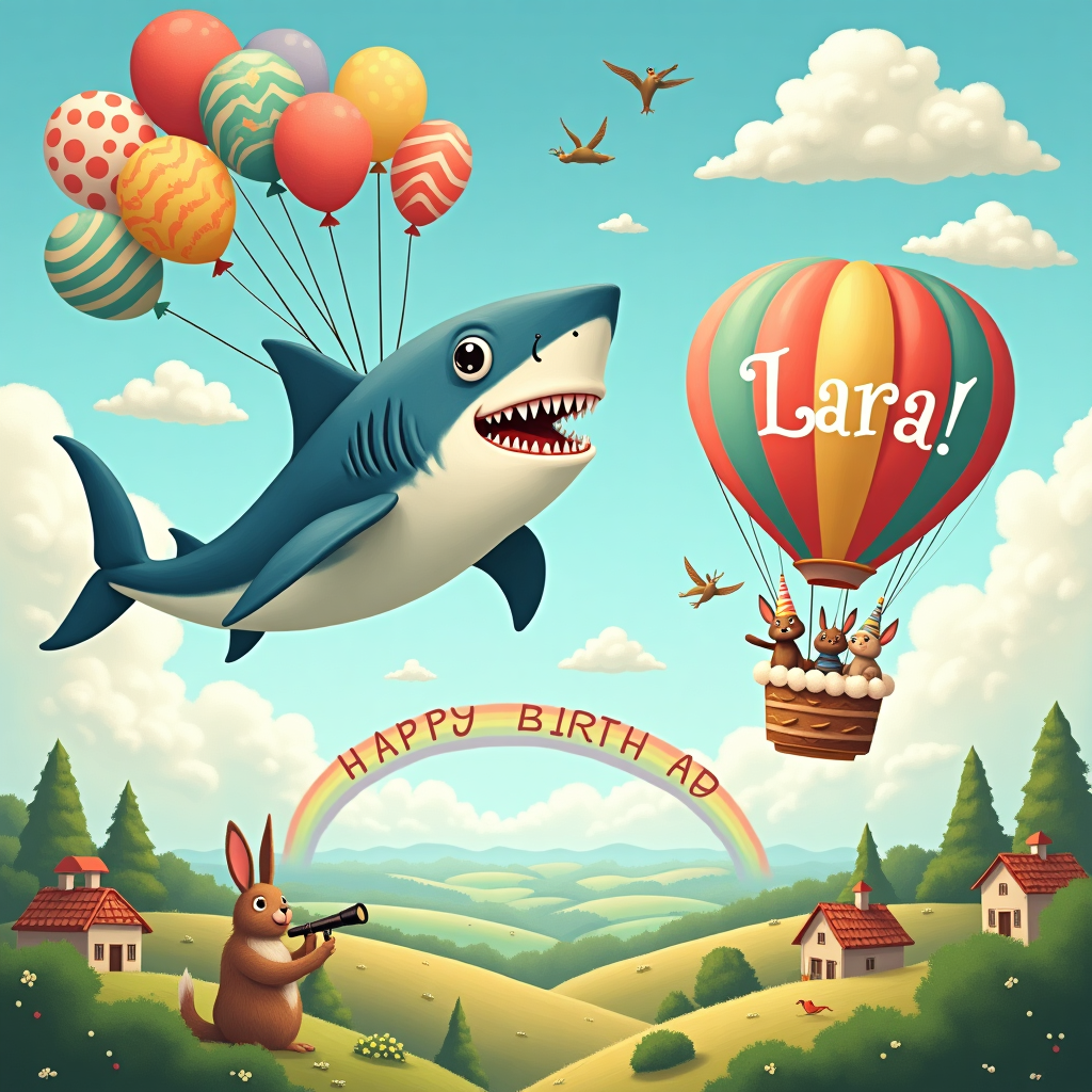 The scene unfolds in a whimsical skyscape where a comically enthusiastic shark, with an oversized toothy grin, is soaring through the cotton candy clouds. This airborne predator is equipped with a set of colorful helium balloons tied around its midsection, each balloon featuring patterns of polka dots, stripes, and stars in vibrant hues of red, blue, yellow, and green. The shark's fins are exaggeratedly wide and appear almost feather-like, fluttering in the breeze as if mimicking a bird in flight. Below this curious sight, a patchwork quilt of land dotted with tiny, toy-like houses and lush trees gives a sense of scale and height.

To the right of the scene, a birthday banner is strung between two particularly fluffy clouds, with the words "Happy Birthday Lara!" prominently displayed in a cheerful, swirling font reminiscent of Quentin Blake's lively illustrations. The letters of "Lara" are crafted from small, playful clouds, each puff reflecting beams of sunlight that make them glisten like they’re stitched with silver thread. In the foreground, a whimsical hot air balloon shaped like a giant birthday cake is gently ascending, its basket filled with an array of animals wearing party hats, each peering curiously at the flying shark. A small rabbit, akin to a Beatrix Potter creation, is holding a telescope, its long ears flapping in the wind. In the backdrop, a vibrant rainbow arcs across the sky, enhancing the scene’s magical realism, while a series of delicate birds with filigree wings—an homage to Aubrey Beardsley—flit through the air, adding a touch of intricate beauty to the jubilant tableau.
Generated with these themes: shark flying in the sky.
Made with ❤️ by AI.