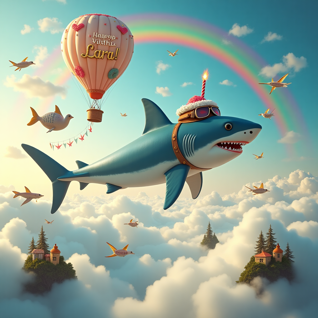 Imagine a whimsical sky where a great white shark soars majestically, flanked by a school of smaller fish with tiny propellers on their fins. The shark, with a broad grin, is wearing a quirky aviator's cap and goggles perched on its snout, adding a touch of playful absurdity to the scene. Below, an endless expanse of fluffy clouds stretches out like a soft ocean, each puff painted with hints of blush and gold as if kissed by the sun. High above, a vivid rainbow arches across the sky, its colors cascading gently into the horizon. 

To the left, an enormous hot air balloon shaped like a birthday cake floats alongside the shark, its sides decorated with vibrant icing patterns and topped with a sparkling candle. Across the cake balloon's front, in elegant script, reads "Happy Birthday, Lara!" with "Lara" written in shimmering gold letters, each letter adorned with tiny smiling star motifs.

Scattered across the sky are whimsical birds resembling small dragons, their tails trailing colorful streamers. Amongst these enchanting creatures, a tiny dirigible shaped like a teapot puffs out little clouds of steam, with a string of bunting trailing behind, spelling out "Make a Wish, Lara!" 

Far below, tiny islands of trees peek out from the cloud ocean, their tops dotted with houses shaped like cupcakes and candies, adding to the fantasy of the scene. This celestial birthday celebration brings a dreamlike charm, inviting Lara to revel in the enchantment of her special day.
Generated with these themes: shark flying in the sky.
Made with ❤️ by AI.