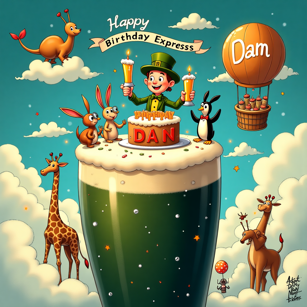 The scene takes place on a frothy, oversized pint of Guinness, like an island floating amidst a sea of animated bubbles. Perched at the center of this creamy summit is a whimsical birthday celebration, drawing inspiration from classic comic strips and animation. A cartoonish, jovial leprechaun—think of something between Bill Watterson's Hobbes and Hergé's Captain Haddock—holds a giant party popper, ready to burst into a confetti shower. Surrounding him are miniature, anthropomorphic characters: a dapper snail in a tuxedo, a jaunty rabbit wearing oversized spectacles, and a penguin with a bow tie, all clinking tiny pints of frothy foam.

Nearby, a slightly tipsy birthday cake, inspired by R. Crumb's exaggerated style, sits on a platter that balances precariously on the foam. It's adorned with lit candles that form the word "Dan" in bright, cheerful letters, each candle flickering with mischievous, cartoonish eyes. Above this merriment, a makeshift hot air balloon, crafted from a giant peanut shell—a nod to Charles Schulz—floats lazily with its basket labeled "Birthday Express."

In the background, an Astro Boy-esque robot is playfully juggling cupcakes, each catch causing a little spark to illuminate the words "Happy Birthday" written across the sky in clouds that look like they've been puffed out by Winsor McCay’s Little Nemo himself. On one cloud, a banner unfurls, elegantly spelling out "To Dan," written in icing-like script, blending seamlessly with the whimsical background.

The whole scene is set against a vibrant backdrop of a comic-style sky filled with exaggerated, Gary Larson-inspired animals like a giraffe on stilts and a zebra wearing polka dots, each casting curious glances at the festivities atop the Guinness. The entire image is rich in detail, bursting with fun and a touch of zany mischief, ensuring Dan’s birthday is one to remember.
Generated with these themes: On top of a pint of guiness.
Made with ❤️ by AI.