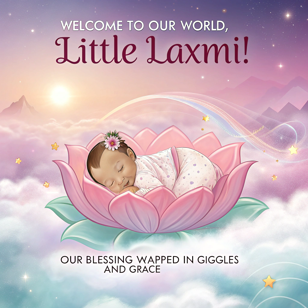 At the top of the image, "Welcome to Our World, Little Laxmi!"

At the bottom of the image, "Our Blessing Wrapped in Giggles and Grace."

- Illustrate a dreamy scene where a newborn baby girl floats gently on a cloud shaped like a lotus flower. The baby is adorned with a delicate, glowing aura, surrounded by tiny sparkling stars. The backdrop is a surreal landscape of fluffy clouds and soft pastel colors, reminiscent of a whimsical, dreamlike realm.
Generated with these themes: Write we are blessed with baby girl and goddess laxmi on it , and .
Made with ❤️ by AI.