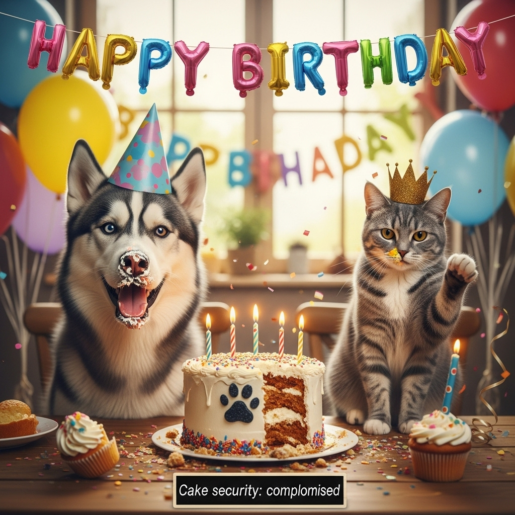 At the top of the Photorealistic picture taken from a camera image, "Happy Birthday"

Ultra-high-definition 4K UHD photograph with accurate lighting, lifelike textures, and rich depth of field. Eye-level shot of a mischievous birthday scene: a husky (left) with a goofy grin, frosting smeared on its nose, wearing a slightly crooked pastel party hat; an unimpressed cat (right) sitting primly with a tiny gold party crown, a piece of confetti stuck to a whisker. Between them on a wooden table: a half-destroyed frosted cake with a clear paw print and a big bite missing, crumbs and rainbow sprinkles scattered everywhere. A cupcake teeters off the table edge mid-fall with gentle motion blur as the cat casually withdraws a paw. Background softly blurred with warm natural window light, shiny helium balloons, and streamers; subtle bokeh highlights. The "Happy Birthday" text appears at the top as glossy rainbow-foil balloon letters integrated into the scene. Add one small, cheeky caption at the bottom on a tiny chalkboard place card: "Cake security: compromised." Hyper-detailed fur, crisp whiskers, wet nose texture, and frosting sheen; catchlights in both animals’ eyes. Shot on a 50mm lens at f/2.0, 1/250s, ISO 200; true-to-life colors, soft shadows, natural vignetting; no humans, no text cut off.
Generated with these themes: Husky and cat, and .
Made with ❤️ by AI.