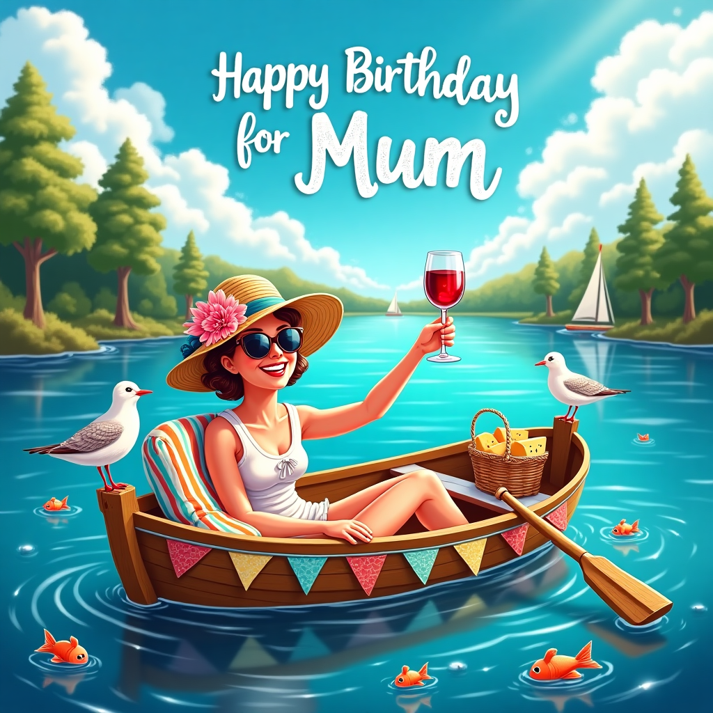 On the front cover of the birthday greeting card, picture a vivid and detailed scene of a picturesque, sparkling lake under a cloudless azure sky. In the center, there's a cheerful, colorful wooden rowboat gently bobbing on the water. On the boat, a joyful lady, your "Mum," sits comfortably on a plush, striped cushion. She is wearing an oversized sunhat adorned with a cluster of vibrant silk flowers and large, retro-style sunglasses that reflect the dazzling sunrays. Her expression is one of pure delight as she raises a glass of deep red wine in a celebratory toast. 

Scattered around her on the boat are playful elements, like a small basket filled with a wedge of cheese, some crackers, and a book titled "Adventures Ahoy!" The boat is whimsically decorated with bright bunting flags in various colors and patterns, flapping gently in the breeze. The wooden oars lie neatly inside the boat, painted with little whimsical doodles and cartoon fish.

In the sky above, fluffy white clouds have formed the words "Happy Birthday Mum," giving the scene a magical touch as if the universe itself has orchestrated this message just for her. A couple of curious seagulls hover nearby, one playfully wearing a small party hat. In the distance, you can see the lush, green outline of a forested shore with tall trees and a few distant sailboats, their sails full and proud.

On the lake’s surface, the sunlight dances in tiny sparkles, making the scene lively and full of movement. A small school of fish can be seen just beneath the water, their scales shimmering like a rainbow. It's a delightful moment of tranquility and joy, captured with vibrant detail, celebrating a very special day for "Mum."
Generated with these themes: Lady on a boat drinking wine.
Made with ❤️ by AI.