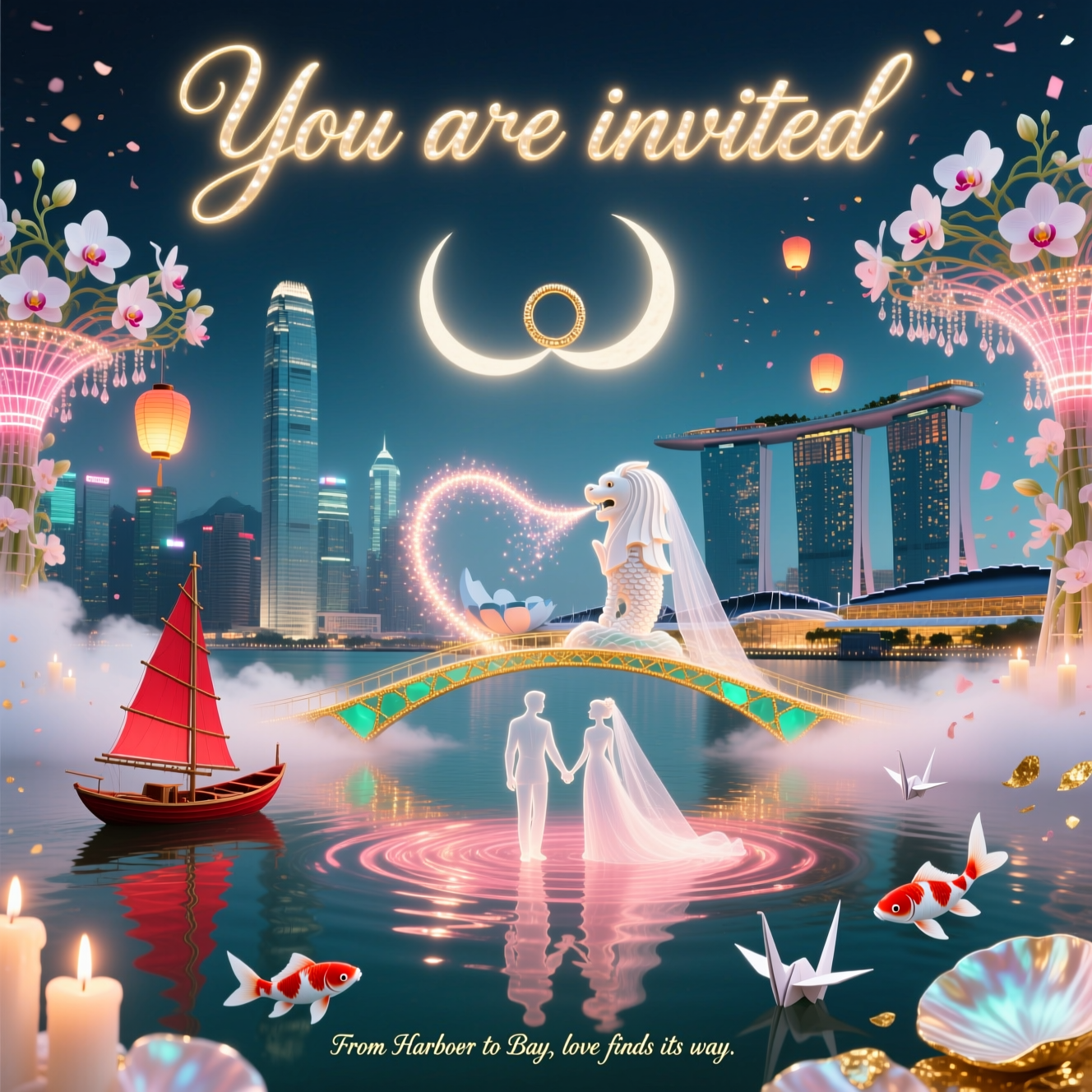 At the top of the Surreal Style image, the exact text "You are invited" in luminous pearl-gold calligraphy, airy and elegant with a soft halo.

A Dali-inspired, romantic dreamscape where Hong Kong melts into Singapore: Victoria Harbour dissolves seamlessly into Marina Bay like liquid glass; the Bank of China Tower and ICC gently soften and droop like candlewax over the water, while Marina Bay Sands unfurls like a floating bridal veil. Glowing Supertrees bloom as chandelier-orchids, their tendrils weaving with neon-red junk boat sails that curl into heart shapes. The Merlion exhales a glittering arc of stardust that becomes floating lanterns; koi and paper cranes spiral upward as confetti. A silk-cloud infinity bridge, stitched with gold kintsugi lines, spans the two shores; at its center, two translucent lovers hold hands—silhouettes made of light, mist, and orchid petals. Reflections shimmer in rose-gold ripples; twin crescent moons interlock above like wedding rings. Ethereal lighting, elongated shadows, melting forms, and otherworldly textures of mother-of-pearl, silk, and gold leaf. Palette: blush, pearl white, jade, teal, and midnight indigo. Romantic mood, dreamy volumetric glow, soft bokeh, painterly detail in a tall portrait composition.

At the bottom, a tiny caption: "From Harbour to Bay, love finds its way."
Generated with these themes: Hong Kong , Singapore , and .
Made with ❤️ by AI.
