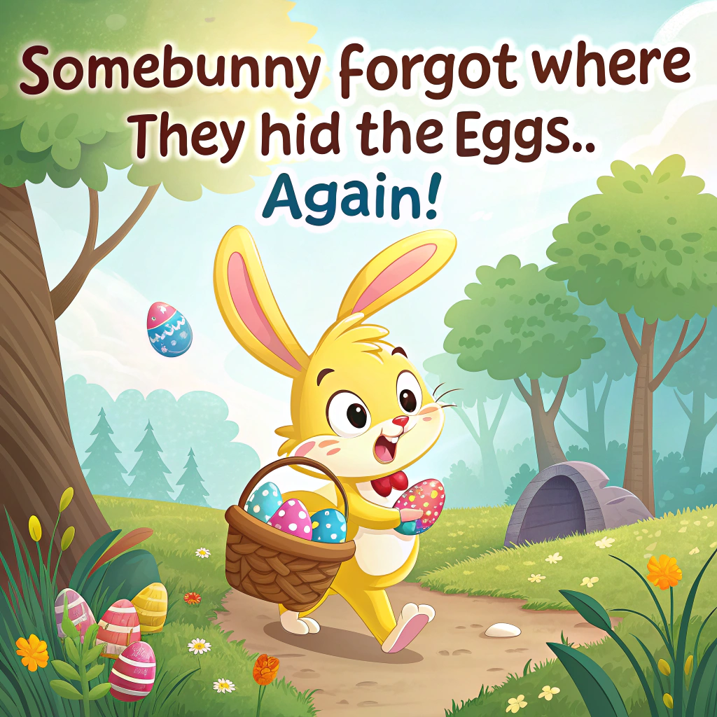 T is a bright, sunny April morning and a rabbit is bouncing along a forest path Easter Card